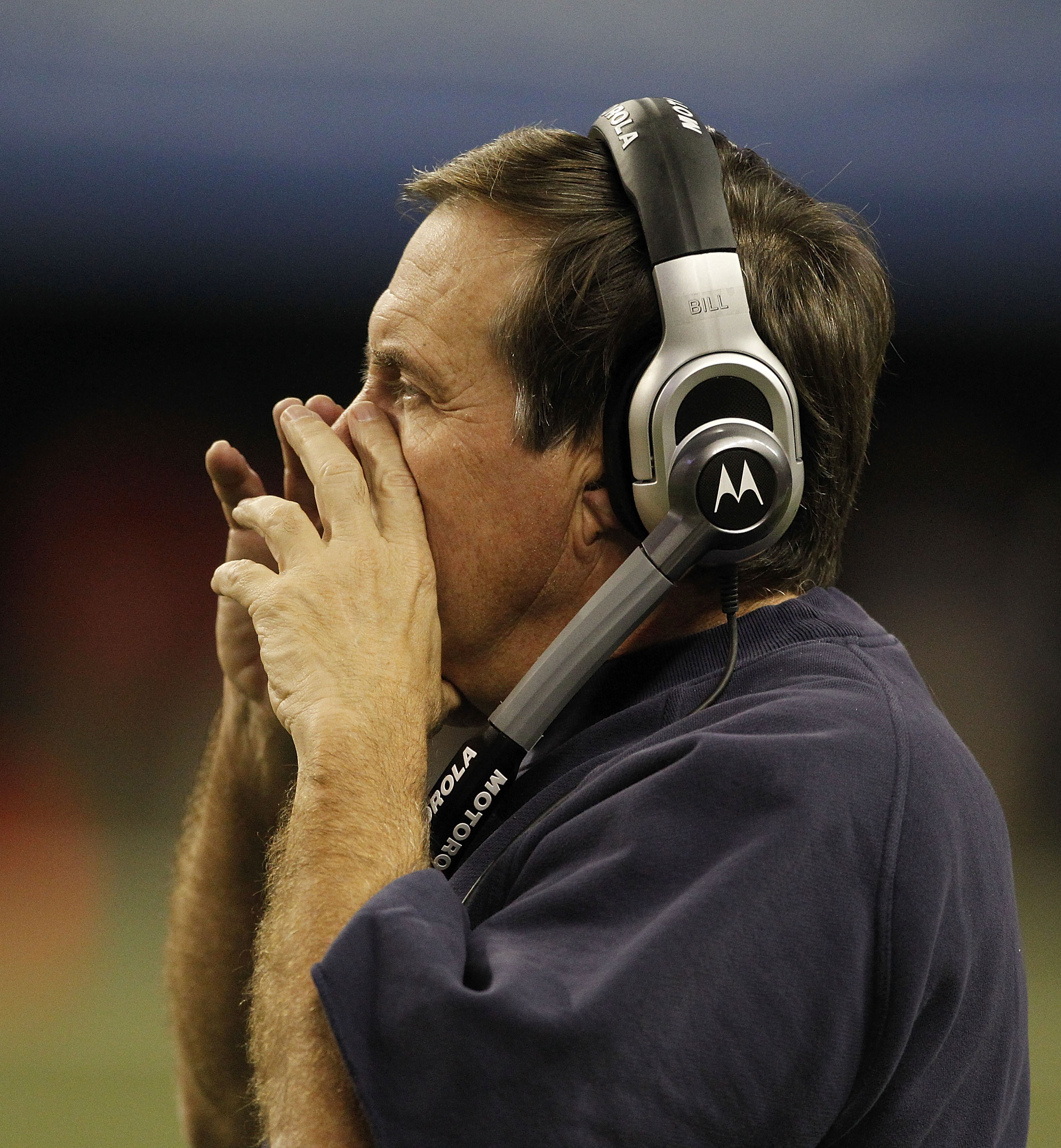 DETROIT - NOVEMBER 25:  New England Patriots head coach Bill Belichick lokos on during the game against the Detroit Lions at Ford Field on November 25, 2010 in Detroit, Michigan. New England defeated Detroit 45-24.  (Photo by Leon Halip/Getty Images)