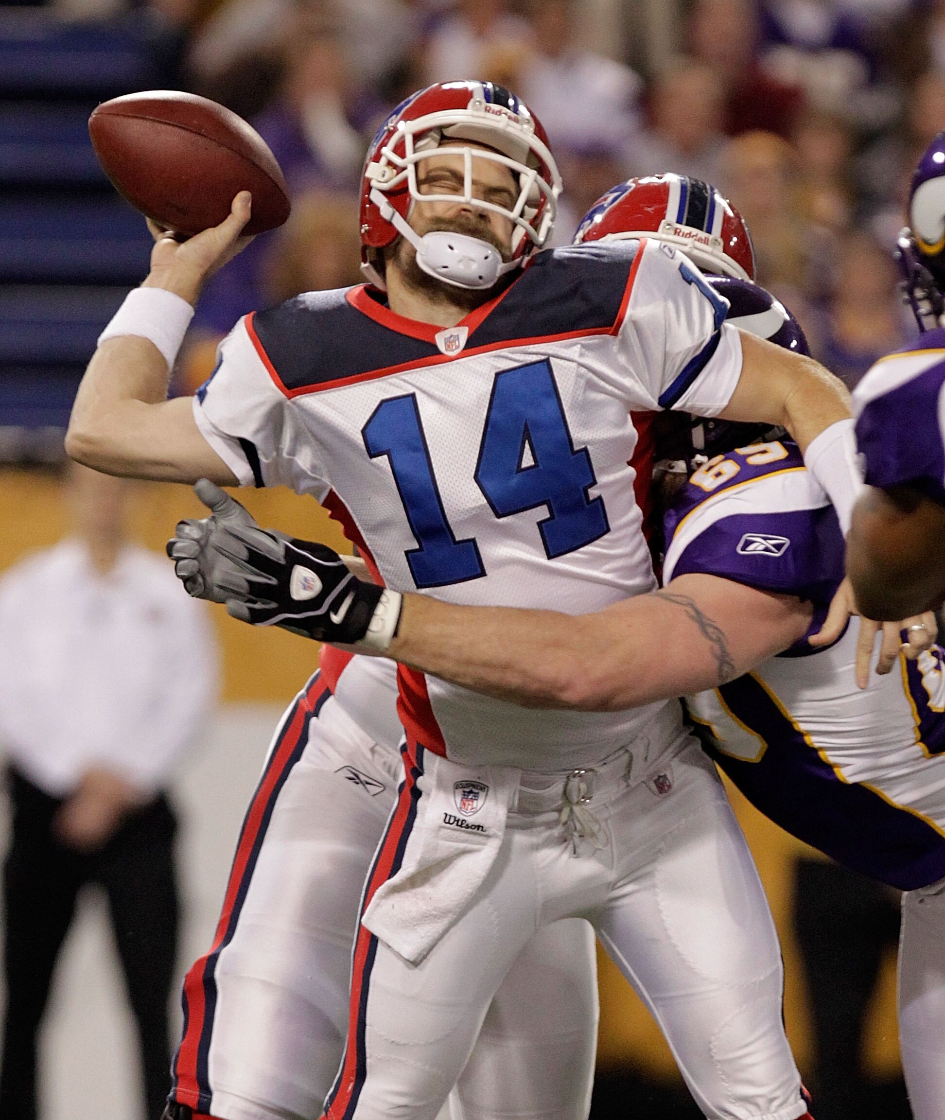 MINNEAPOLIS, MN - DECEMBER 05: Jared Allen #69 of the Minnesota Vikings sacks Ryan Fitzpatrick #14 of the Buffalo Bills at the Mall of America Field at the Hubert H. Humphrey Metrodome on December 5, 2010 in Minneapolis, Minnesota.  (Photo by Nick Laham/G