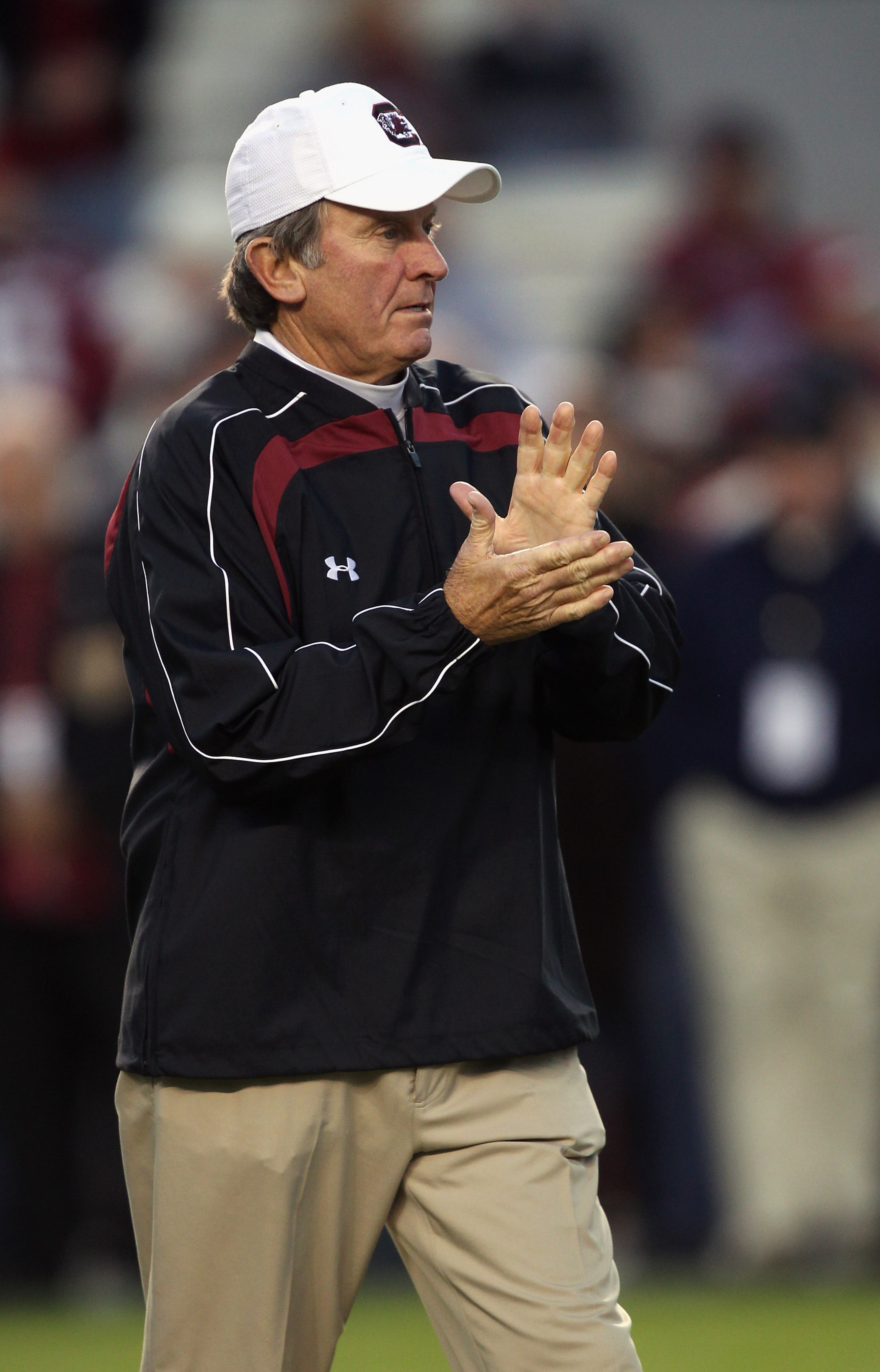 COLUMBIA, SC - NOVEMBER 06: Head coach Steve Spurrier of the South Carolina Gamecocks cheers on his team during warm ups before the start of their game against the Arkansas Razorbacks at Williams-Brice Stadium on November 6, 2010 in Columbia, South Carol COLUMBIA, SC - NOVEMBER 06: Head coach Steve Spurrier of the South Carolina Gamecocks cheers on his team during warm ups before the start of their game against the Arkansas Razorbacks at Williams-Brice Stadium on November 6, 2010 in Columbia, South Carol