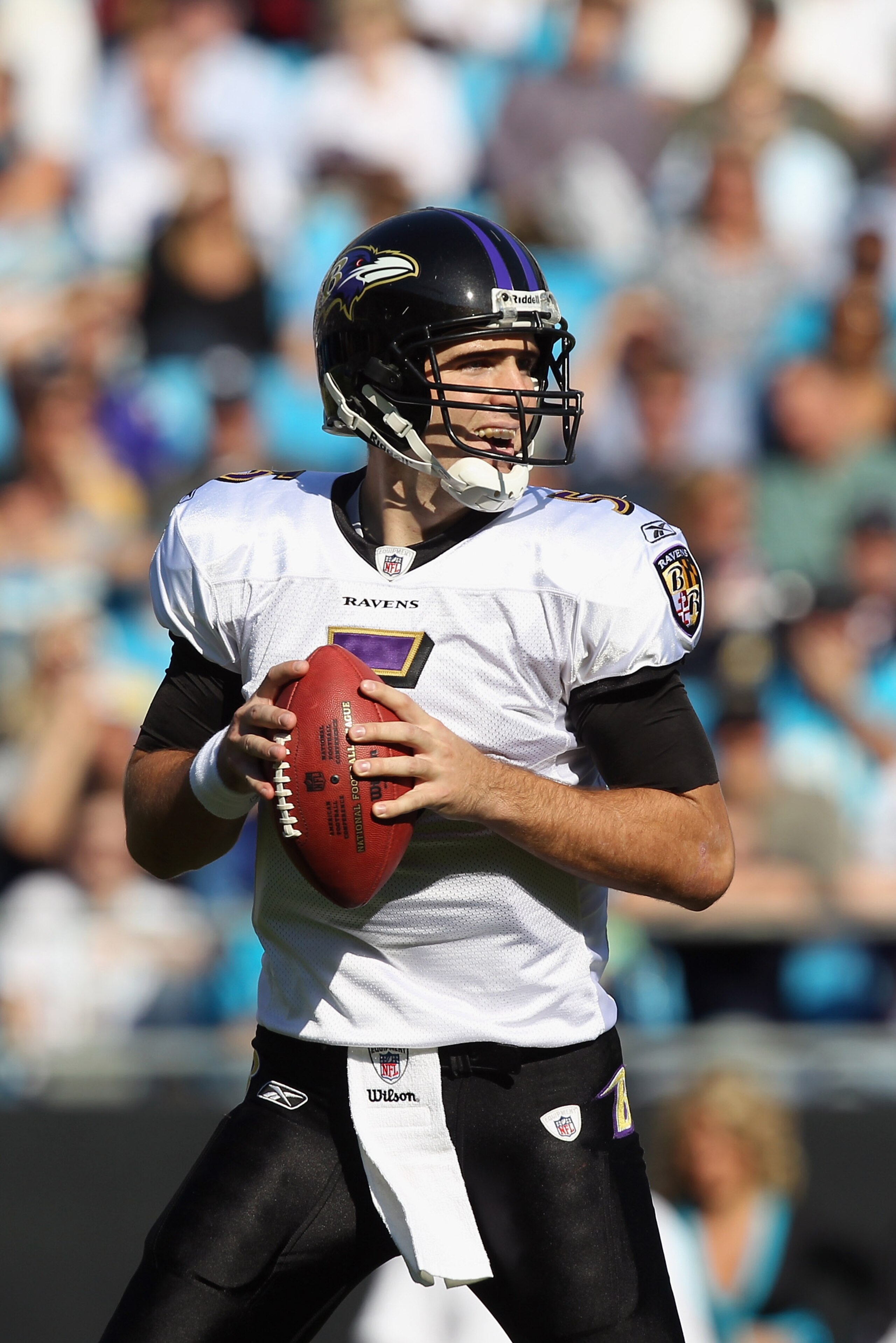 CHARLOTTE, NC - NOVEMBER 21:  Joe Flacco #5 of the Baltimore Ravens against the Carolina Panthers at Bank of America Stadium on November 21, 2010 in Charlotte, North Carolina.  (Photo by Streeter Lecka/Getty Images)