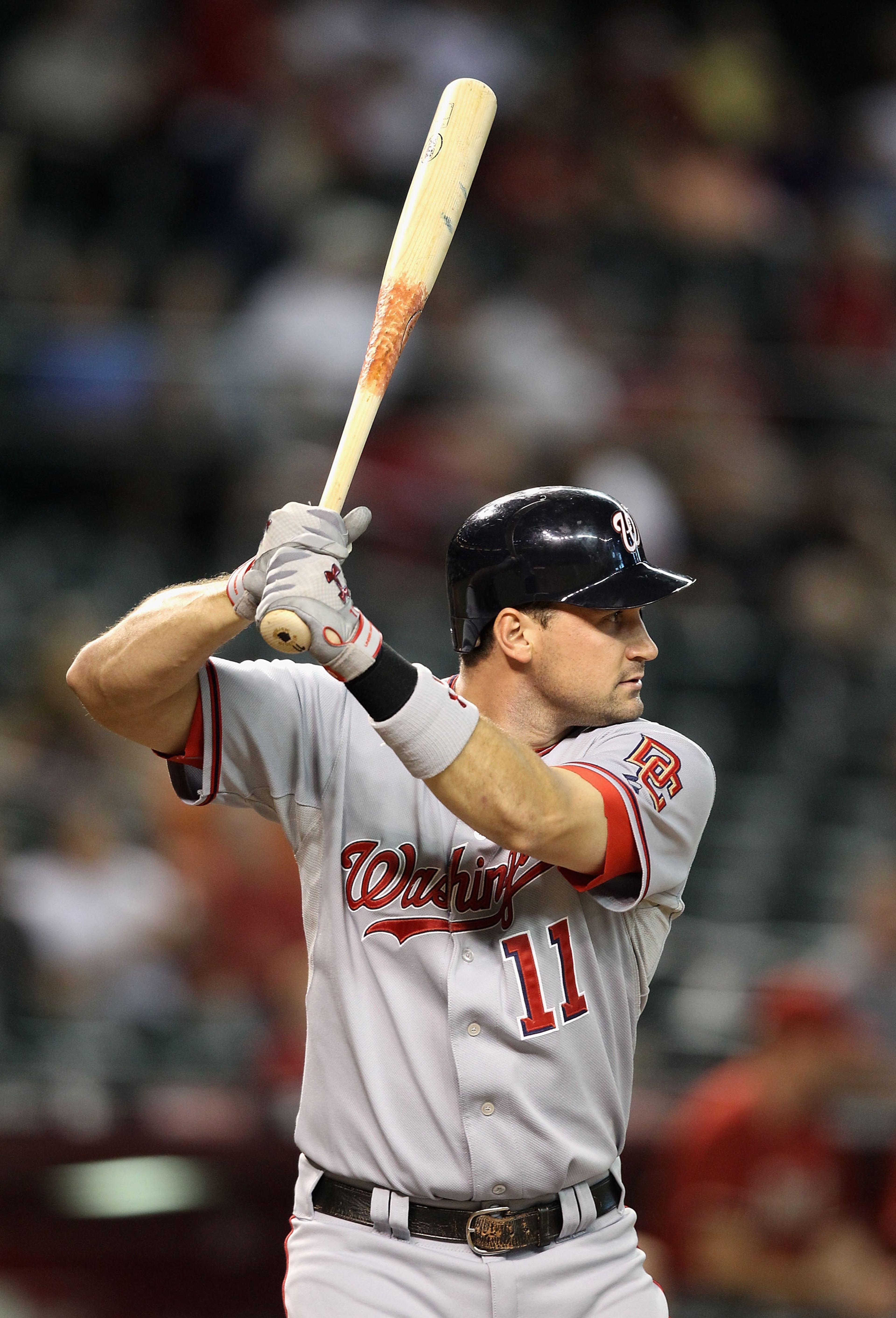 PHOENIX - AUGUST 04:  Ryan Zimmerman #11 of the Washington Nationals at bat during the Major League Baseball game against the Arizona Diamondbacks at Chase Field on August 4, 2010 in Phoenix, Arizona. The Nationals defeated the Diamondbacks 7-2.  (Photo b