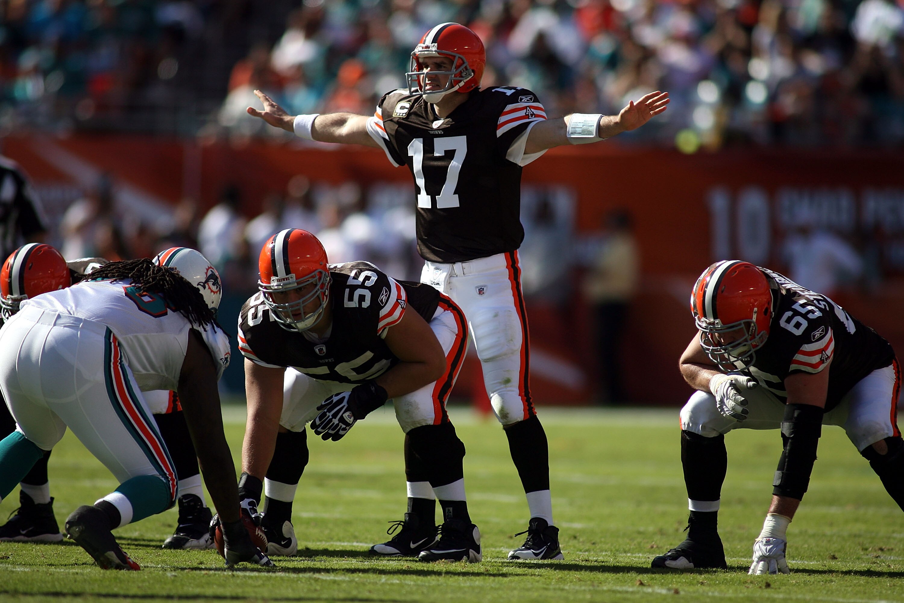 MIAMI, FL - DECEMBER 05:  Quarterback Jake Delhomme #17 of the Cleveland Browns passes against the Miami Dolphins at Sun Life Stadium on December 5, 2010 in Miami, Florida.  Cleveland defeated Miami 13-10.  (Photo by Marc Serota/Getty Images)