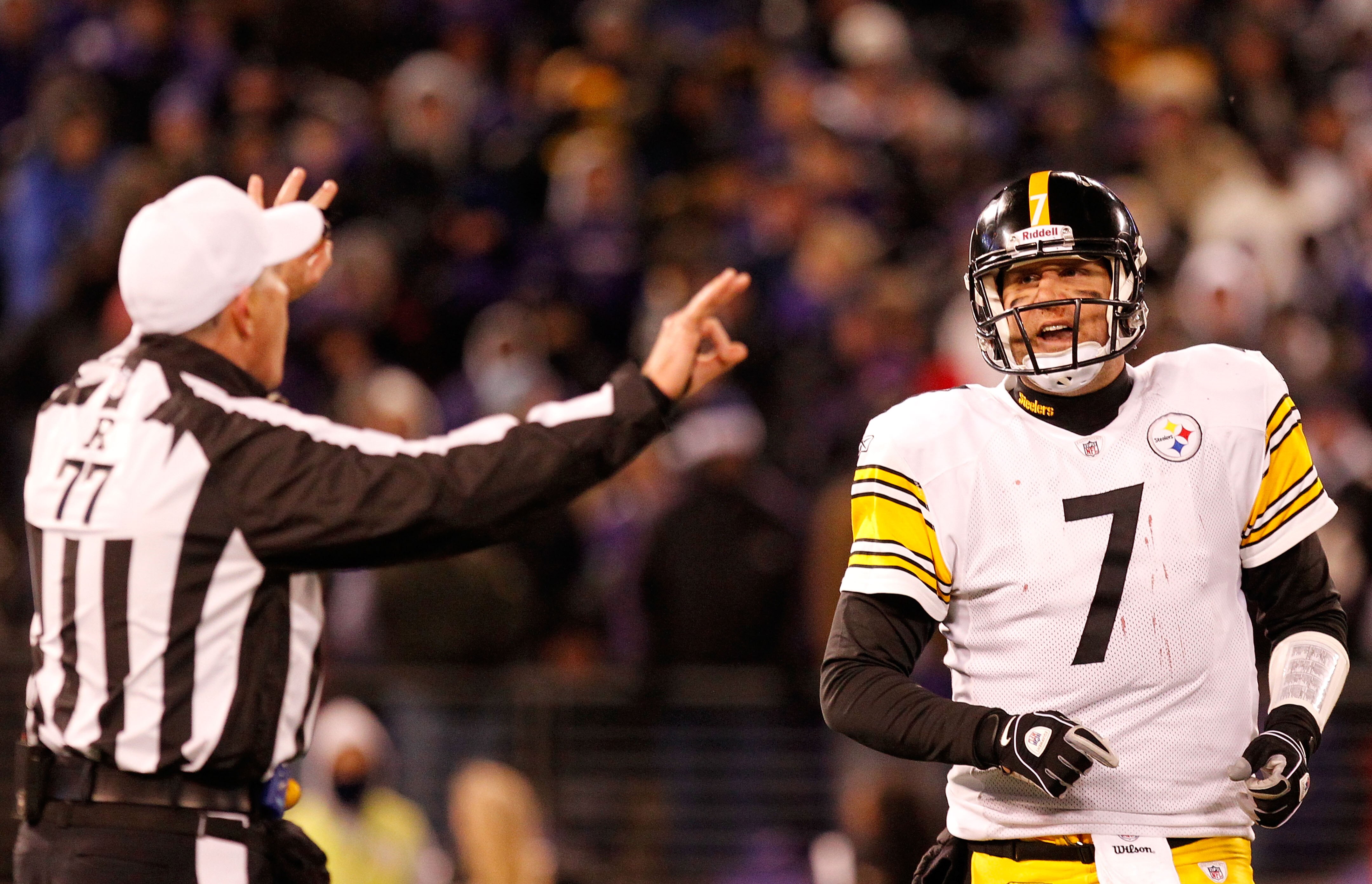 BALTIMORE, MD - DECEMBER 05:  Quarterback Ben Rothlisberger #7 of the Pittsburgh Steelers argues with referee Terry McAulay #77 during the game against the Baltimore Ravens at M&T Bank Stadium on December 5, 2010 in Baltimore, Maryland. Pittsburgh won 13-