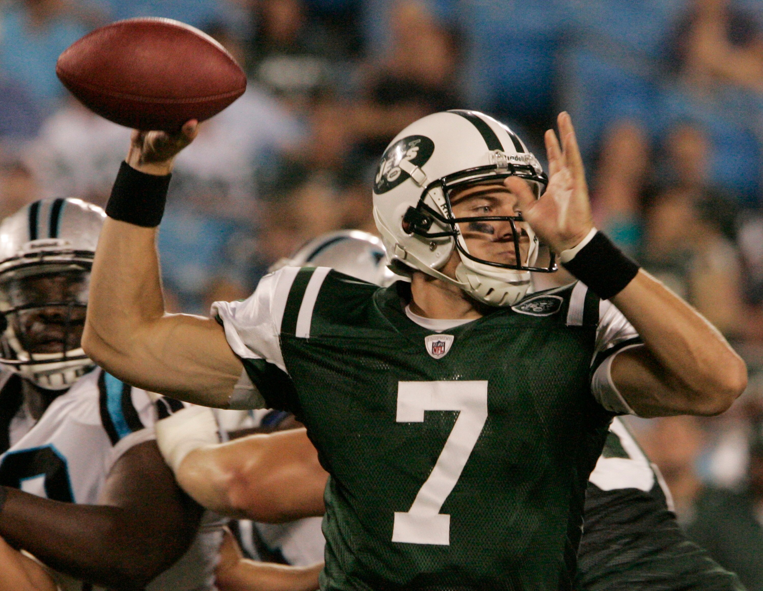 CHARLOTTE, NC  - AUGUST 21:  Quarterback Kevin O'Connell #7 of the New York Jets throws during a preseason game against the Carolina Panthers at Bank of America Stadium on August 21, 2010 in Charlotte, North Carolina. (Photo by Mary Ann Chastain/Getty Ima