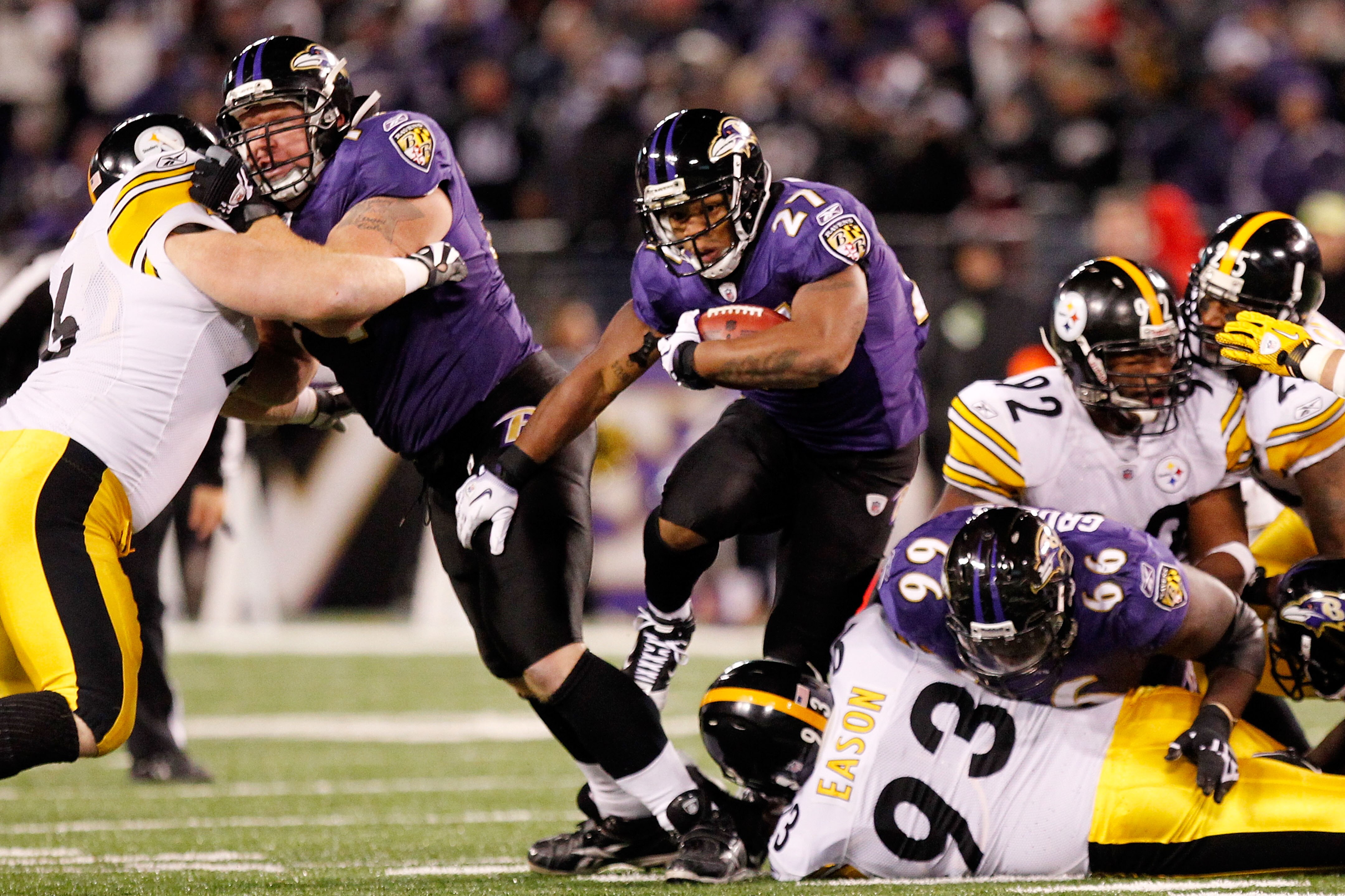 BALTIMORE, MD - DECEMBER 05:  Ray Rice #27 of the Baltimore Ravens runs with the ball against the Pittsburgh Steelers during the third quarter of the game at M&T Bank Stadium on December 5, 2010 in Baltimore, Maryland. Pittsburgh won 13-10. (Photo by Geof