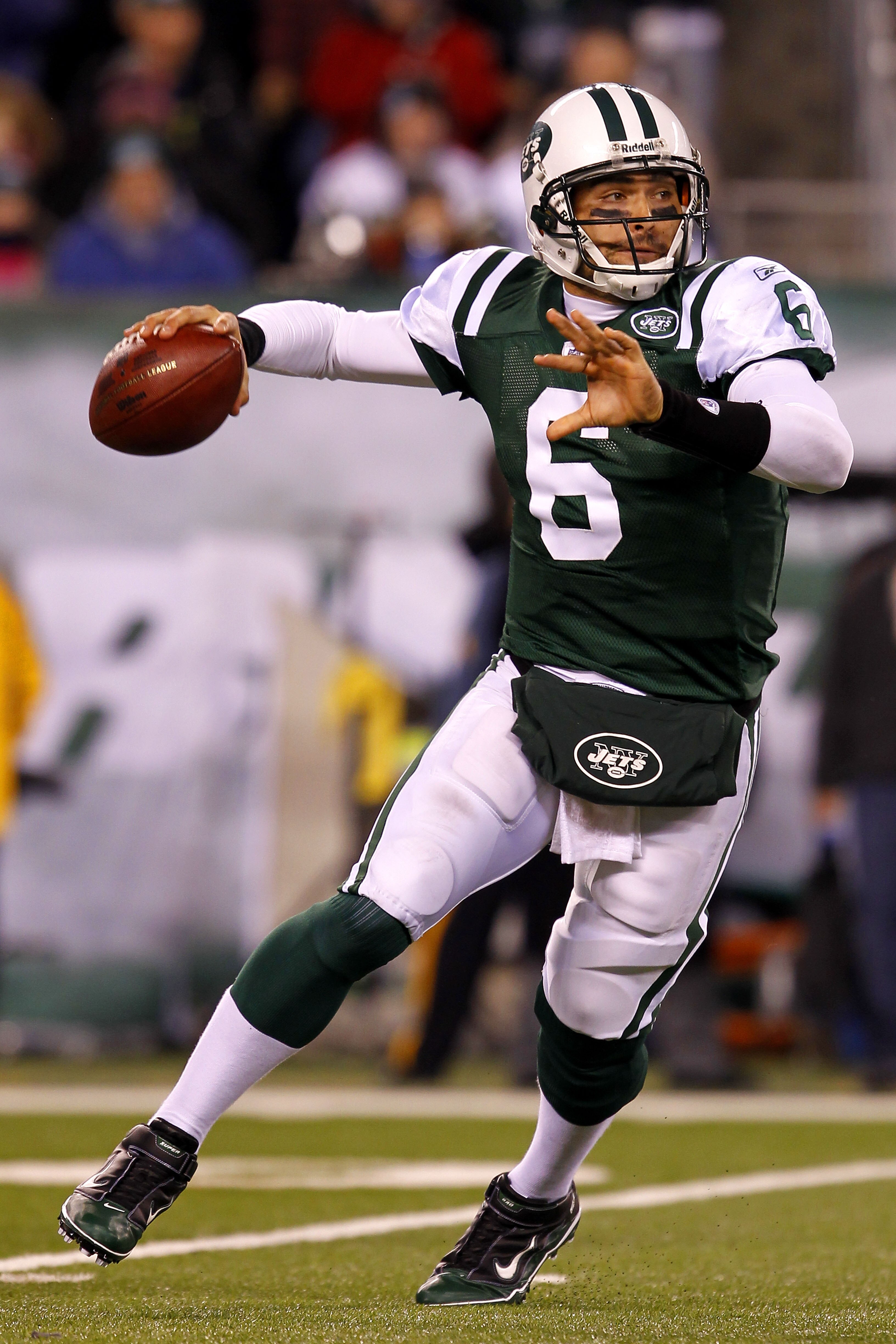 EAST RUTHERFORD, NJ - NOVEMBER 25:  Quarterback Mark Sanchez #6 of the New York Jets looks to throw a pass against the Cincinnati Bengals at New Meadowlands Stadium on November 25, 2010 in East Rutherford, New Jersey. The Jets defeated the Bengal 26-10.  