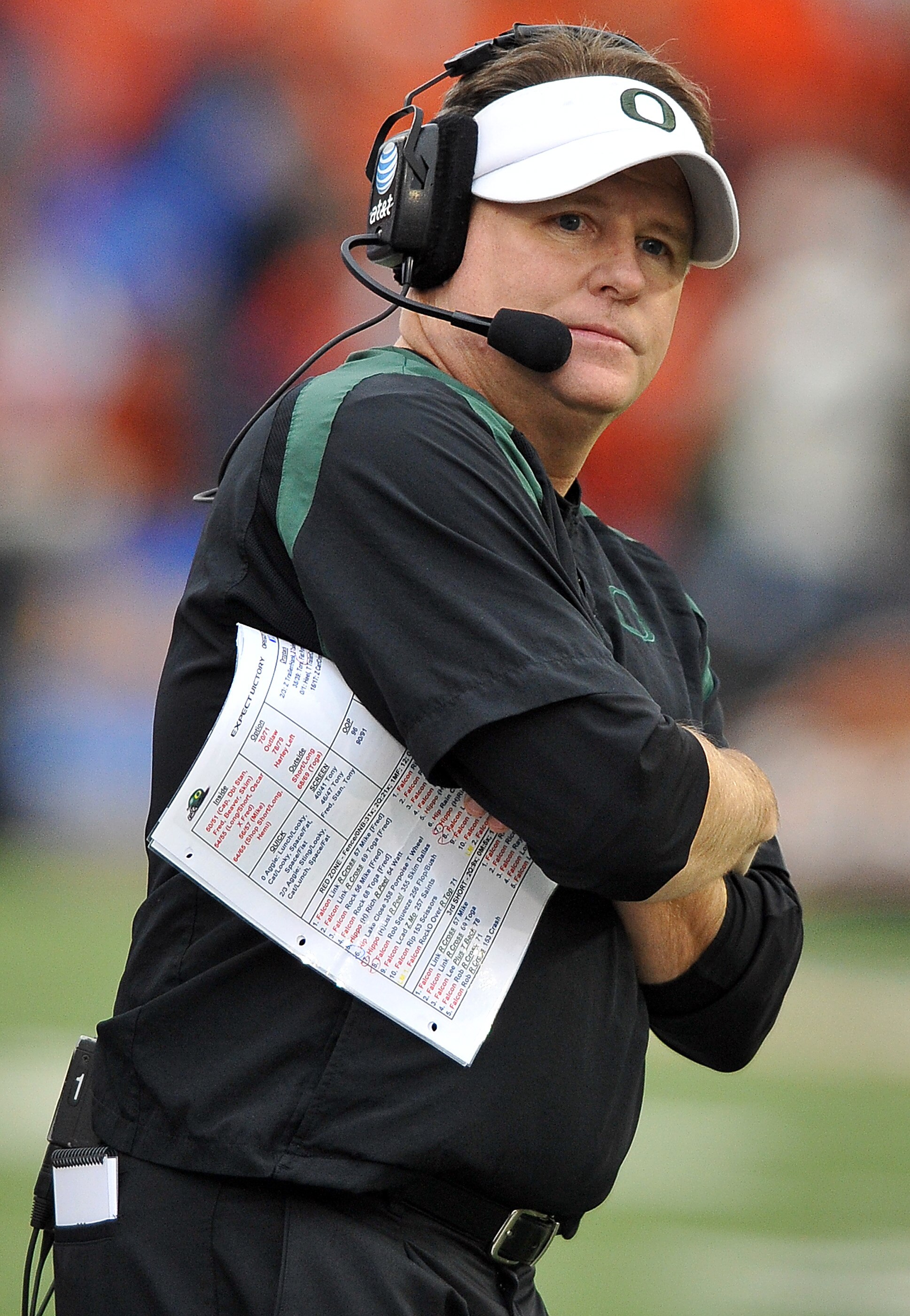 CORVALLIS, OR - DECEMBER 4: Head coach Chip Kelly of the Oregon Ducks looks on from the sidelines in the fourth quarter of the game against the the Oregon State Beavers at Reser Stadium on December 4, 2010 in Corvallis, Oregon. The Ducks beat the Beavers 
