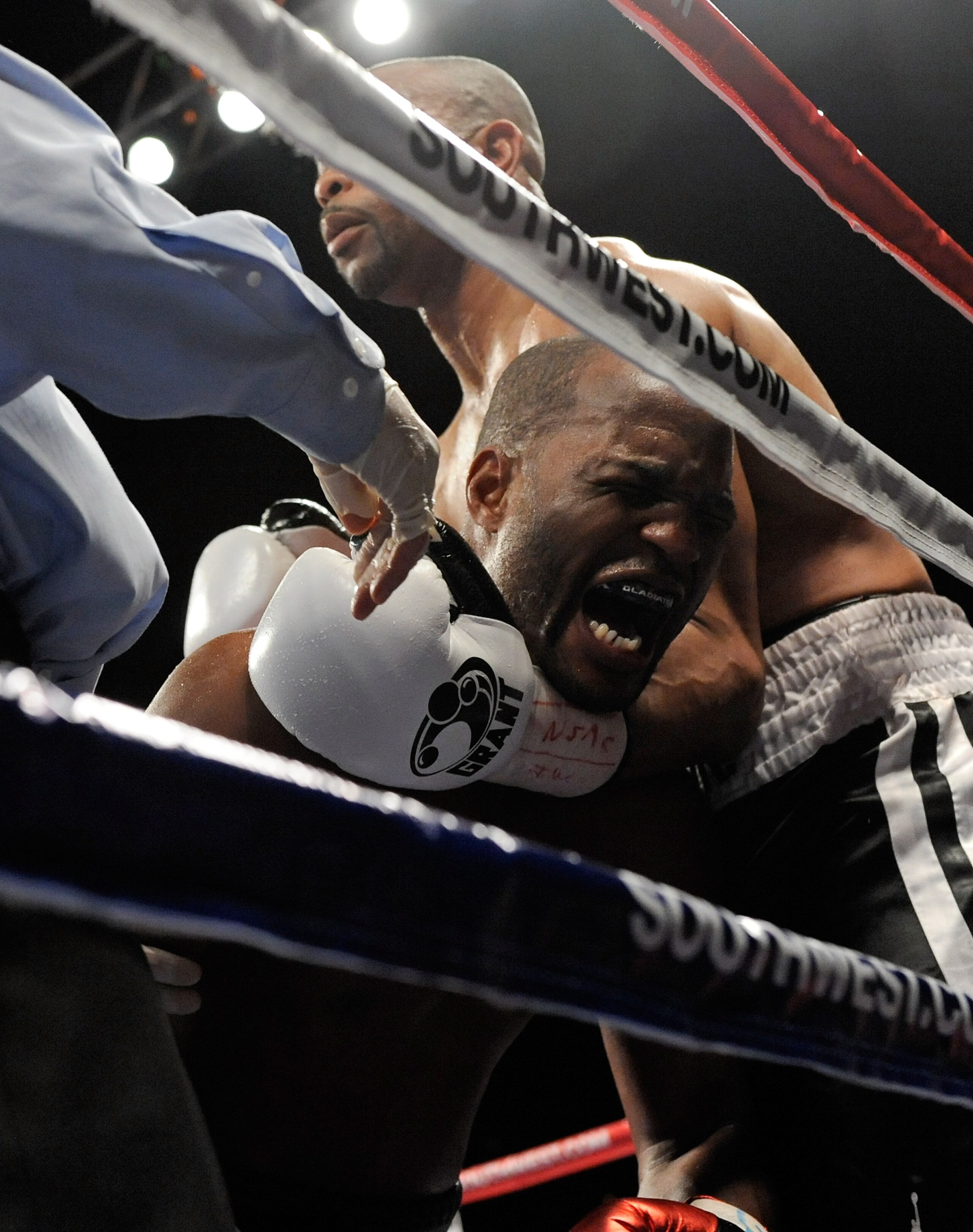 LAS VEGAS - APRIL 03:  Bernard Hopkins reacts to an apparent low blow from Roy Jones Jr. during the 10th round of their light heavyweight bout at the Mandalay Bay Events Center April 3, 2010 in Las Vegas, Nevada. Hopkins won by unanimous decision.  (Photo