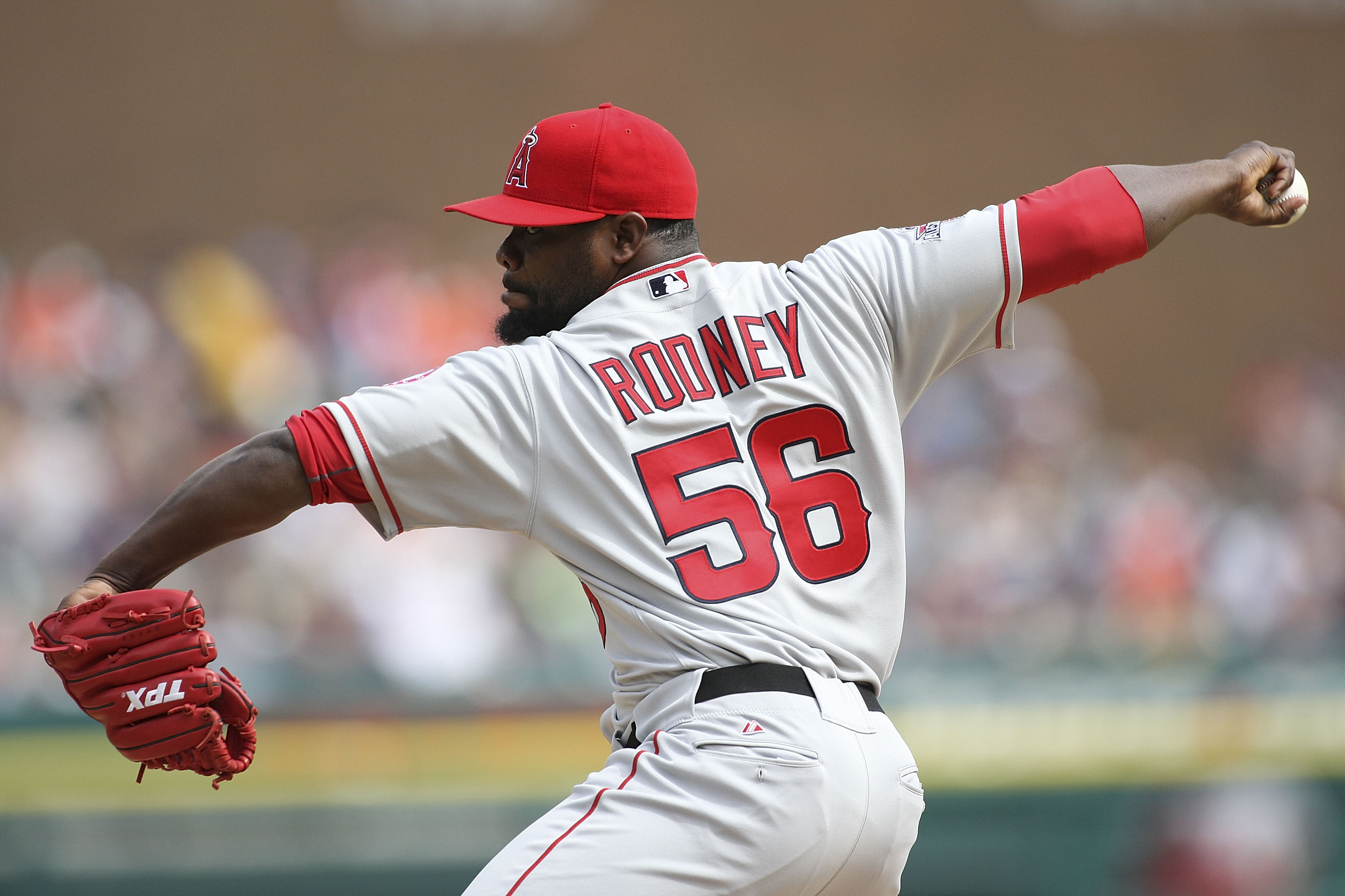 DETROIT - MAY 01: Fernando Rodney #56 of Los Angeles Angels of Anaheim pitches in the ninth inning against the Detroit Tigers during the game on May 1, 2010 at Comerica Park in Detroit, Michigan. The Tigers defeated the Angels 3-2.  (Photo by Leon Halip/G