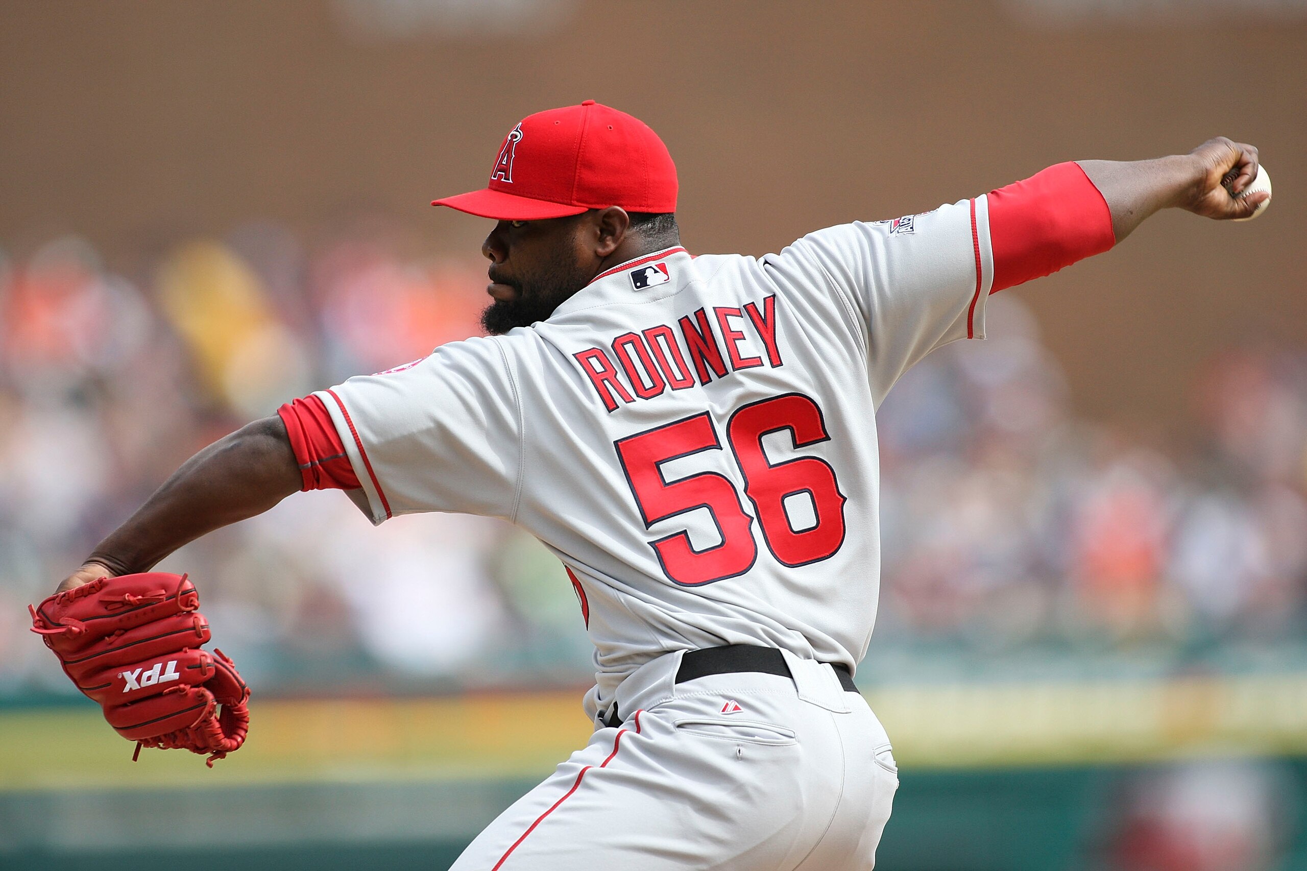 DETROIT - MAY 01: Fernando Rodney #56 of Los Angeles Angels of Anaheim pitches in the ninth inning against the Detroit Tigers during the game on May 1, 2010 at Comerica Park in Detroit, Michigan. The Tigers defeated the Angels 3-2.  (Photo by Leon Halip/G
