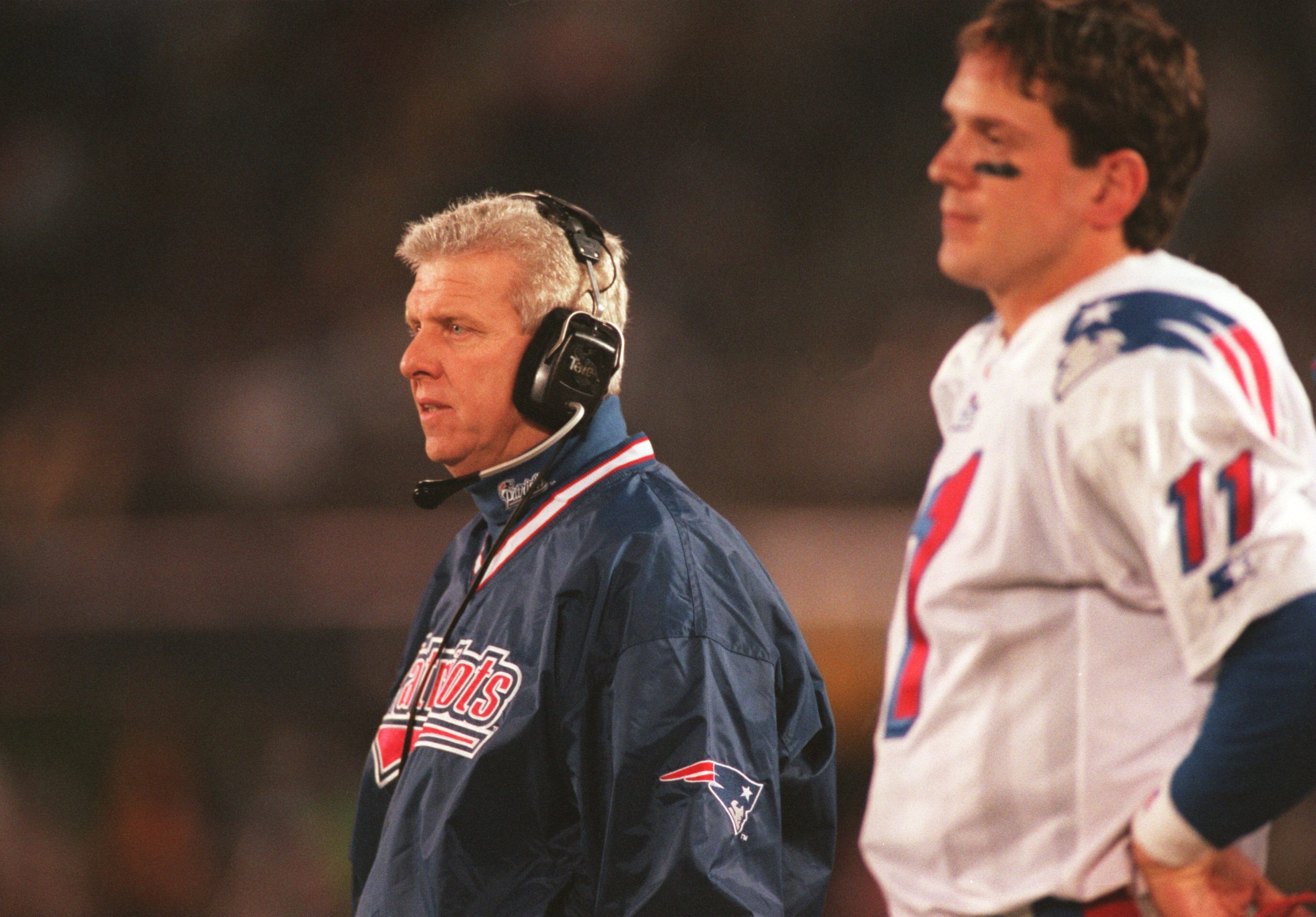 1 Dec 1996:  Head coach Bill Parcells and quarterback Drew Bledsoe of the New England Patriots during the Patriots 45-7 win over the San Diego Chargers at Jack Murphy Stadium in San Diego, California.  Mandatory Credit: J.D. Cuban/Allsport