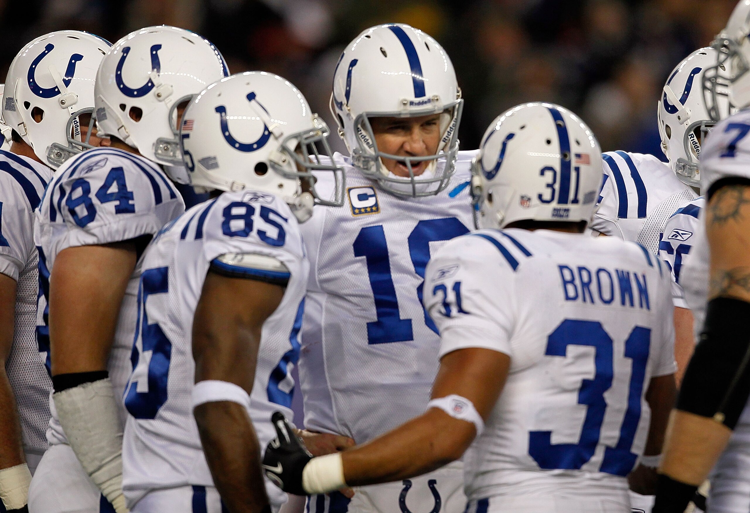 FOXBORO, MA - NOVEMBER 21: Peyton Manning #18 of the Indianapolis Colts calls a play against the New England Patriots at Gillette Stadium on November 21, 2010 in Foxboro, Massachusetts. (Photo by Jim Rogash/Getty Images) FOXBORO, MA - NOVEMBER 21: Peyton Manning #18 of the Indianapolis Colts calls a play against the New England Patriots at Gillette Stadium on November 21, 2010 in Foxboro, Massachusetts. (Photo by Jim Rogash/Getty Images)