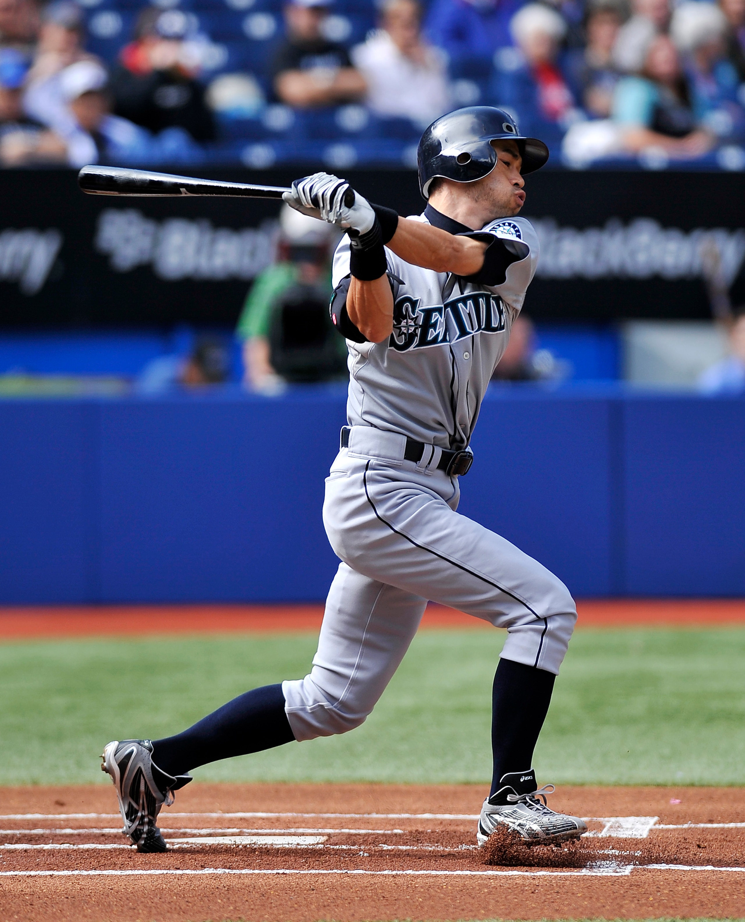 TORONTO - SEPTEMBER 23:   Ichiro Suzuki #51 of the Seattle Mariners bats against the Toronto Blue Jays during the game on September 23, 2010 at Rogers Centre in Toronto, Ontario, Canada. The Blue Jays defeated the Mariners 1-0. (Photo by Brad White/Getty 