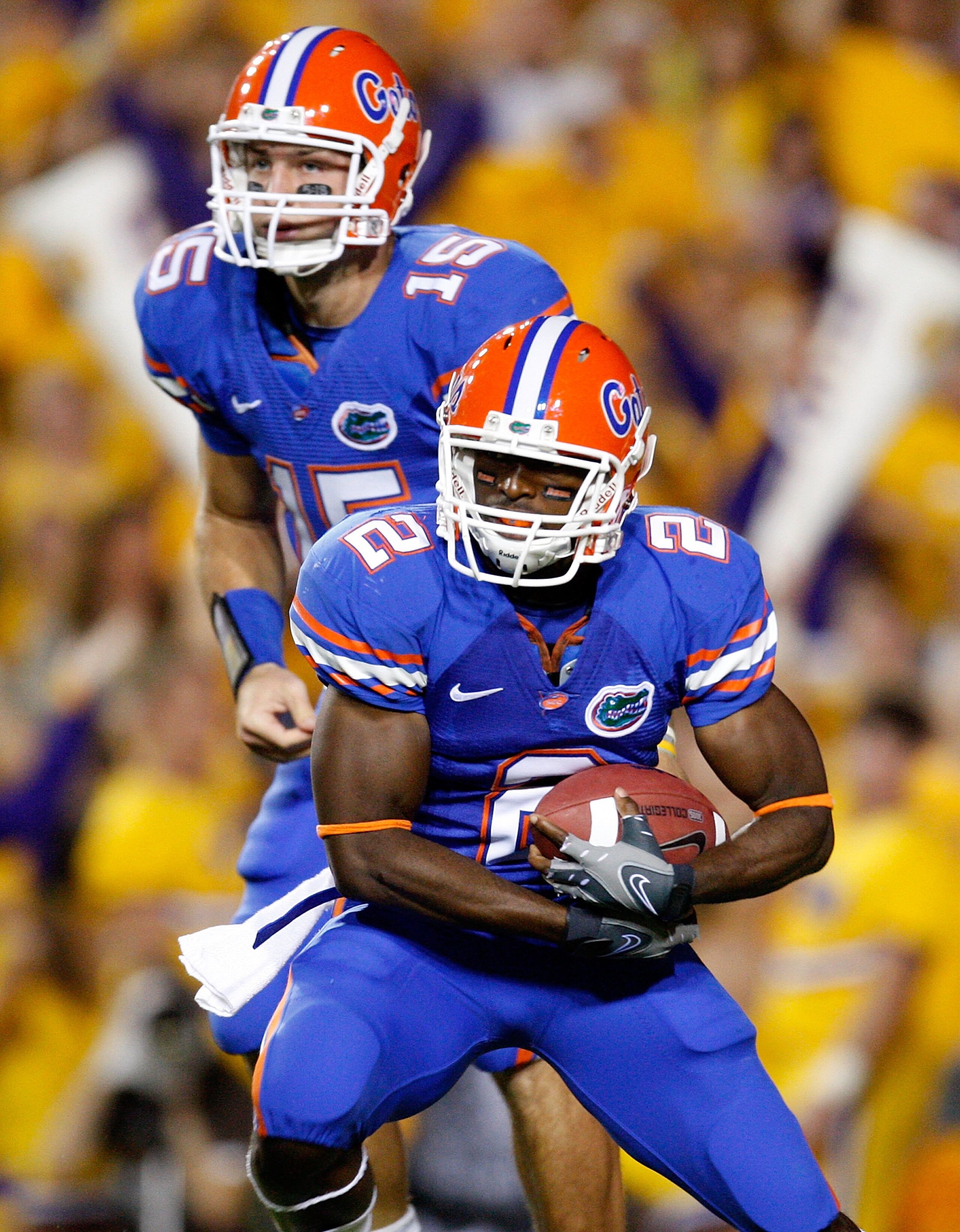 BATON ROUGE, LA - OCTOBER 10: Jeffery Demps #2 and quarterback Tim Tebow of the Florida Gators against the Louisiana State University Tigers at Tiger Stadium on October 10, 2009 in Baton Rouge, Louisiana. (Photo by Kevin C. Cox/Getty Images) BATON ROUGE, LA - OCTOBER 10: Jeffery Demps #2 and quarterback Tim Tebow of the Florida Gators against the Louisiana State University Tigers at Tiger Stadium on October 10, 2009 in Baton Rouge, Louisiana. (Photo by Kevin C. Cox/Getty Images)