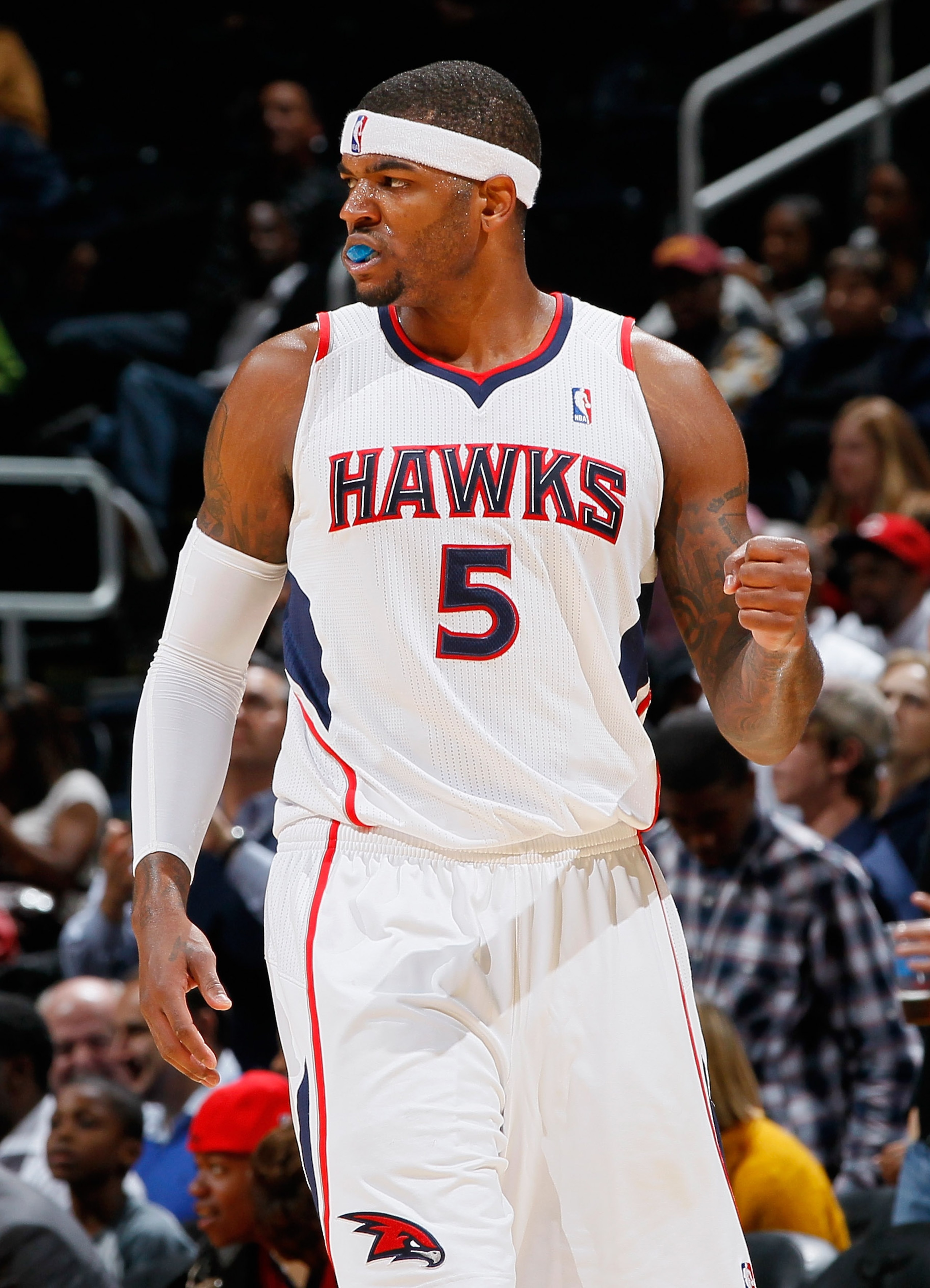ATLANTA - NOVEMBER 03: Josh Smith #5 of the Atlanta Hawks reacts after a basket against the Detroit Pistons at Philips Arena on November 3, 2010 in Atlanta, Georgia. NOTE TO USER: User expressly acknowledges and agrees that, by downloading and/or using ATLANTA - NOVEMBER 03: Josh Smith #5 of the Atlanta Hawks reacts after a basket against the Detroit Pistons at Philips Arena on November 3, 2010 in Atlanta, Georgia. NOTE TO USER: User expressly acknowledges and agrees that, by downloading and/or using