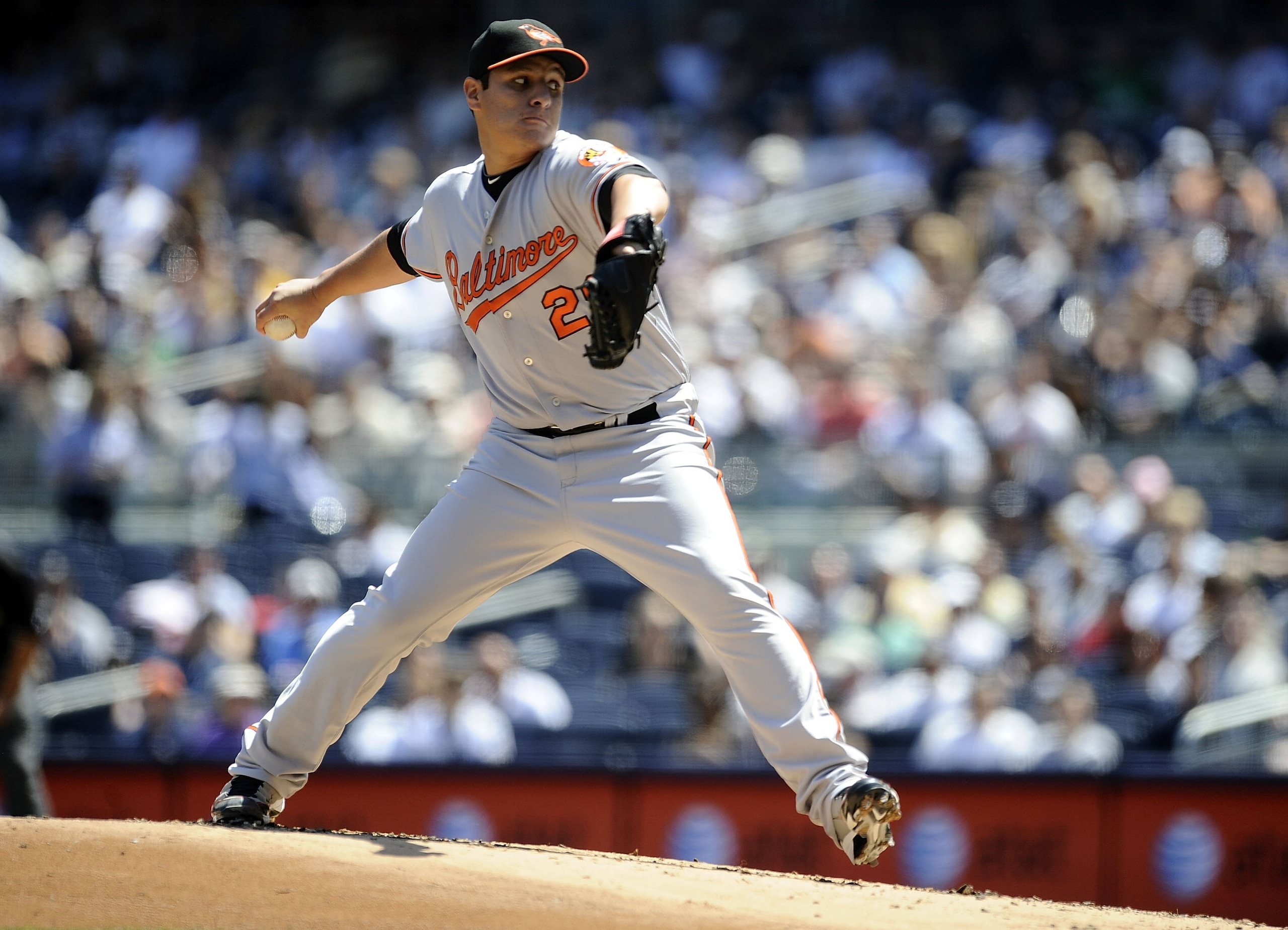 NEW YORK - MAY 05:  David Hernandez #29 of the Baltimore Orioles pitches against the New York Yankees at Yankee Stadium on May 5, 2010 in the Bronx borough of New York City  (Photo by Jeff Zelevansky/Getty Images)