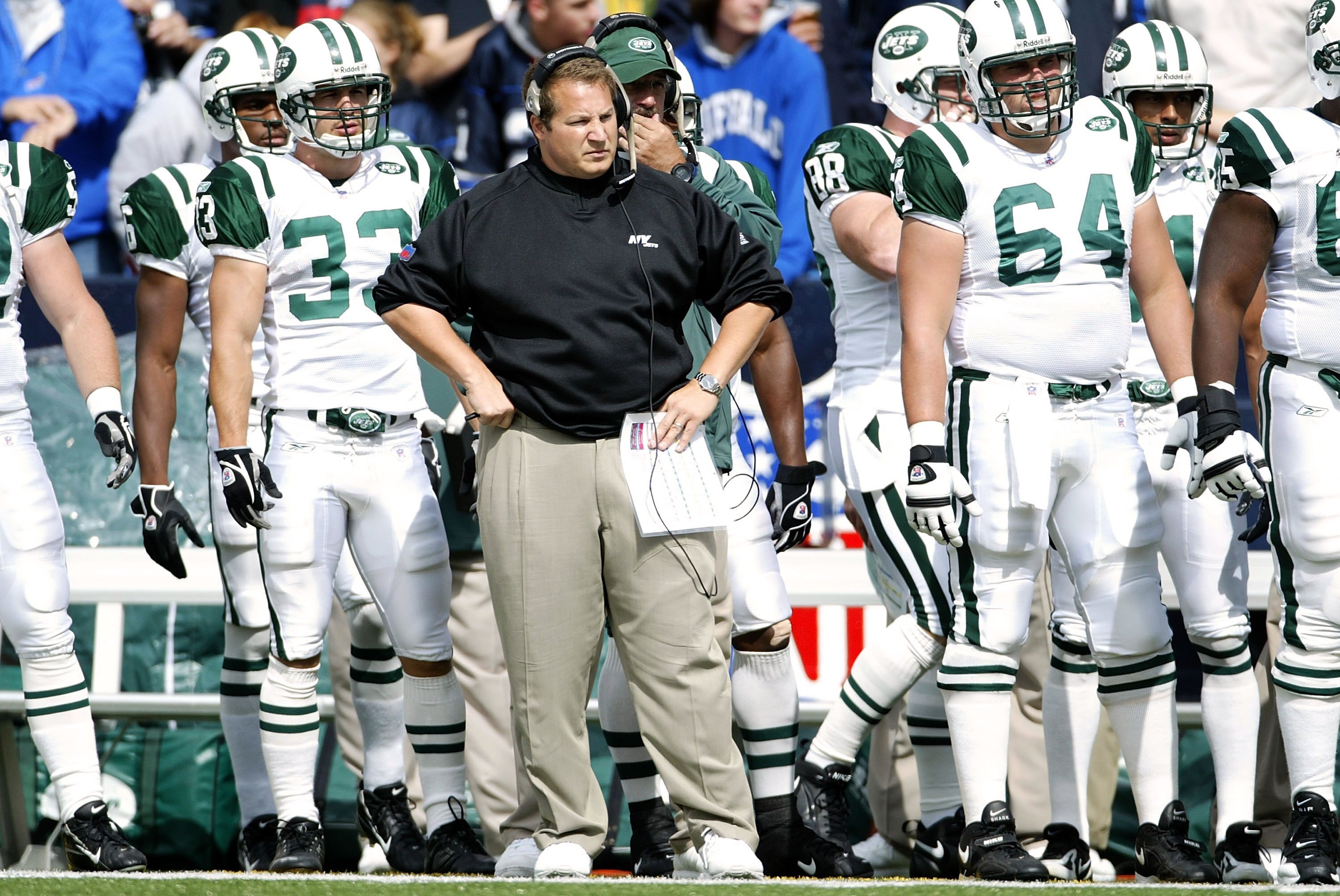 ORCHARD PARK, NY - SEPTEMBER 24:  Eric Mangini, head coach of the New York Jets stands on the sidelines during play against the Buffalo Bills on September 24, 2006 at Ralph Wilson Stadium in Orchard Park, New York. The Jets defeated the Bills 28-20.  (Pho