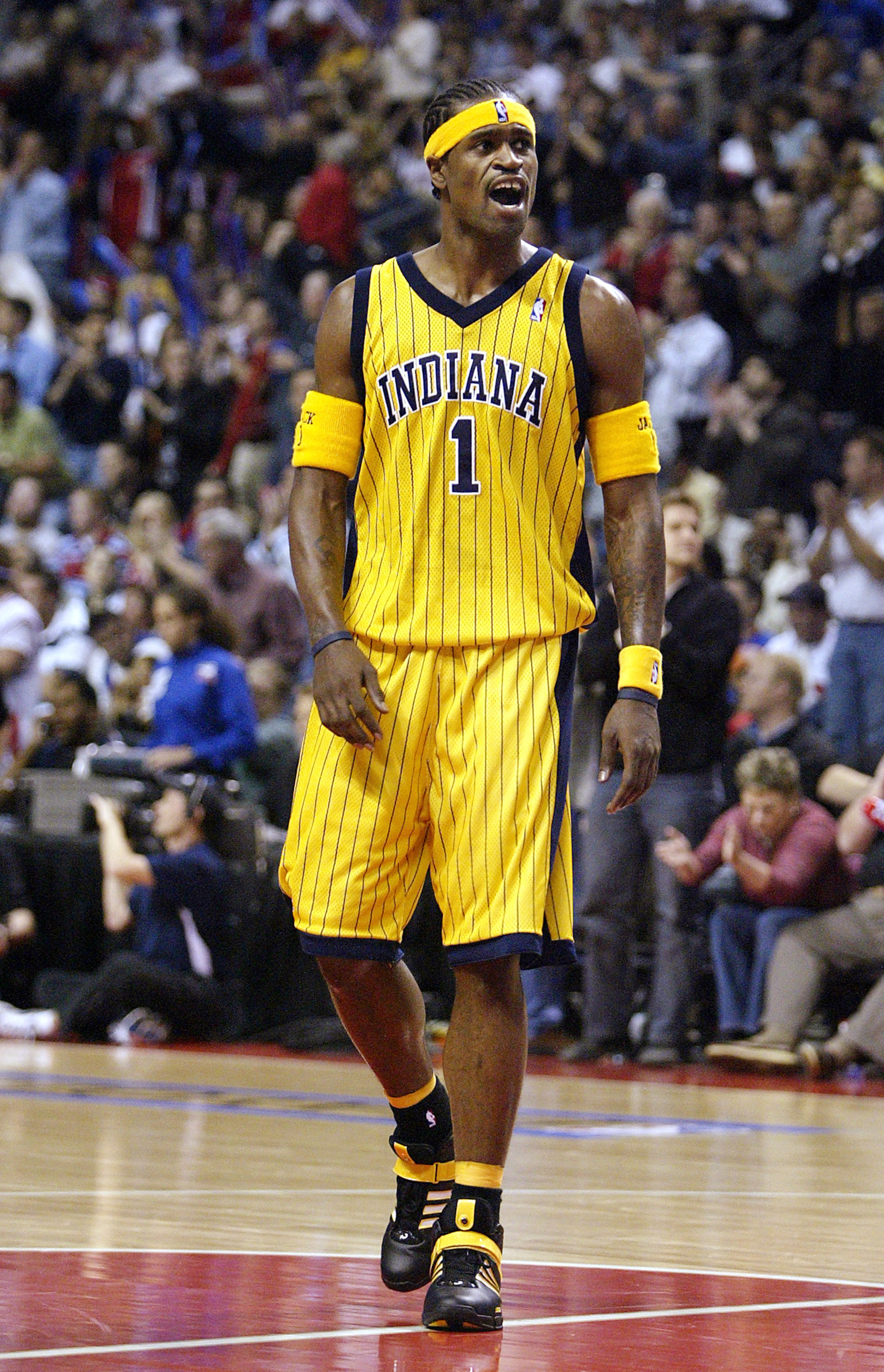 AUBURN HILLS, MI - MAY 11: Stephen Jackson #1 of the Indiana Pacers shouts during a break in play against the Detroit Pistons during the second half of Game two of the Eastern Conference Semifinals during the 2005 NBA Playoffs at The Palace of Auburn Hill AUBURN HILLS, MI - MAY 11: Stephen Jackson #1 of the Indiana Pacers shouts during a break in play against the Detroit Pistons during the second half of Game two of the Eastern Conference Semifinals during the 2005 NBA Playoffs at The Palace of Auburn Hill