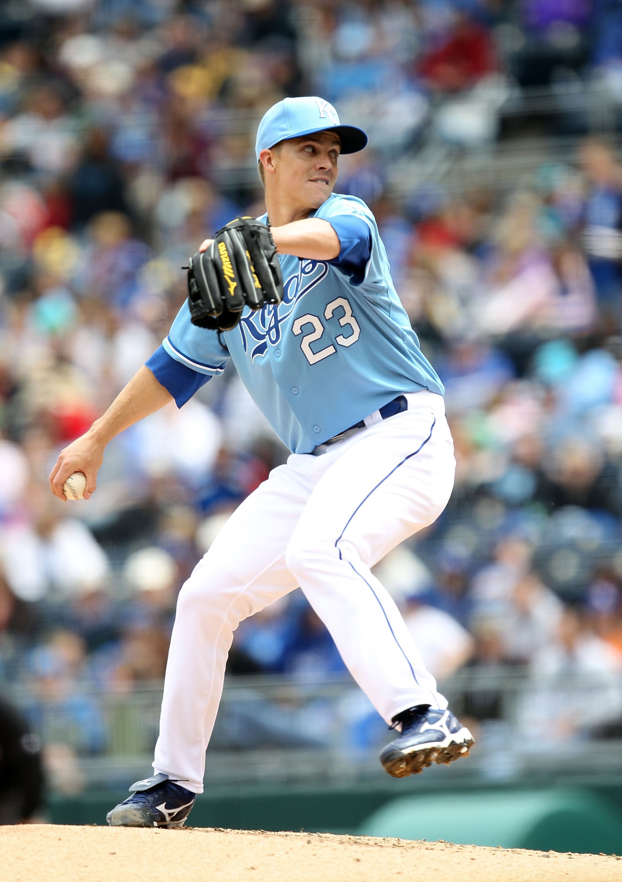 KANSAS CITY, MO - MAY 13:  Zack Greinke #23 of the Kansas City Royals pitches during the game against the Cleveland Indians on May 13, 2010 at Kauffman Stadium in Kansas City, Missouri.  (Photo by Jamie Squire/Getty Images)