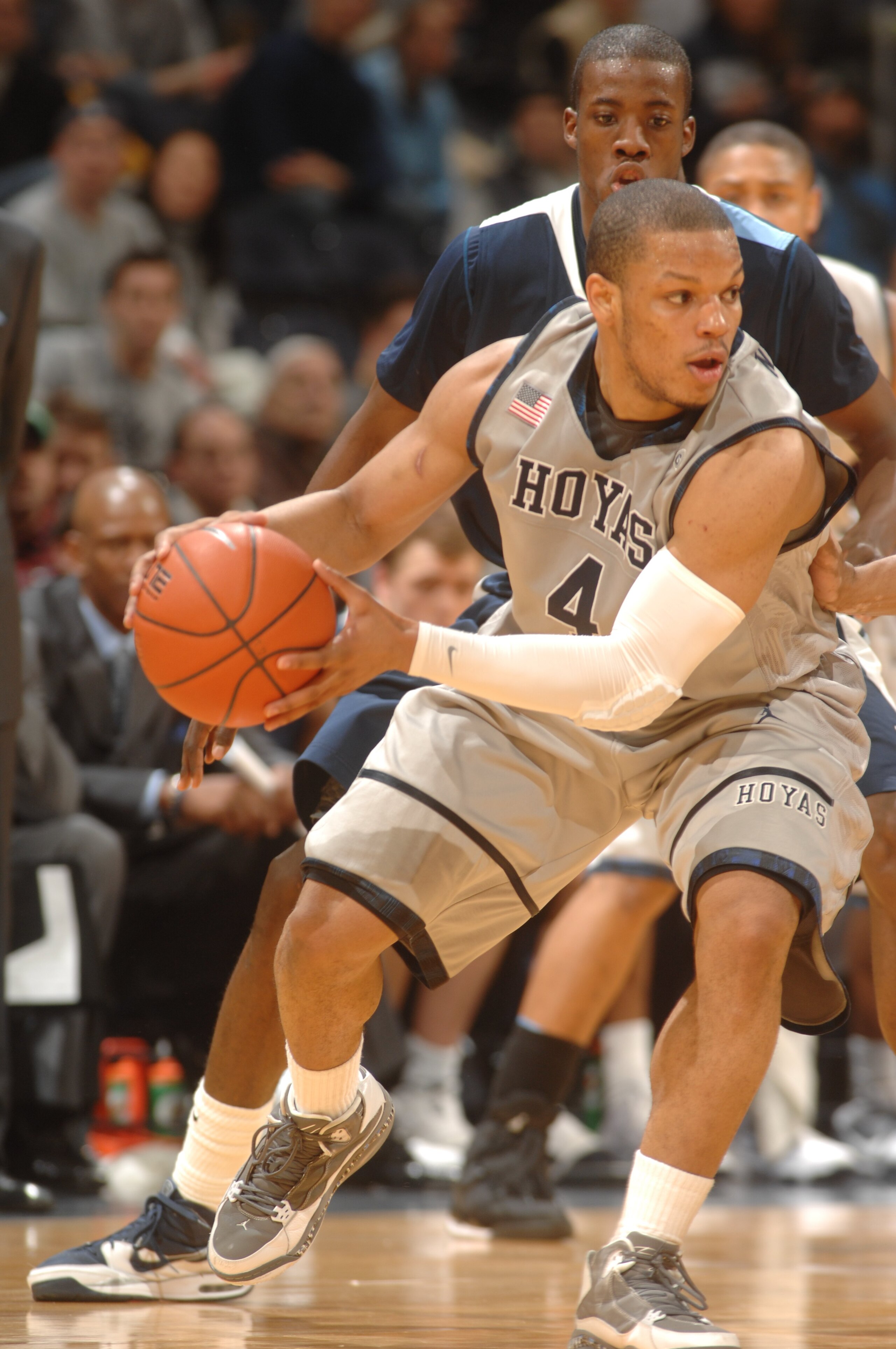 WASHINGTON - FEBRUARY 6:  Chris Wright #4 of the Georgetown Hoyas looks to make a pass during a college basketball game against the Villanova  Wildcats on February 6, 2010 at the Verizon Center in Washington DC.  (Photo by Mitchell Layton/Getty Images)