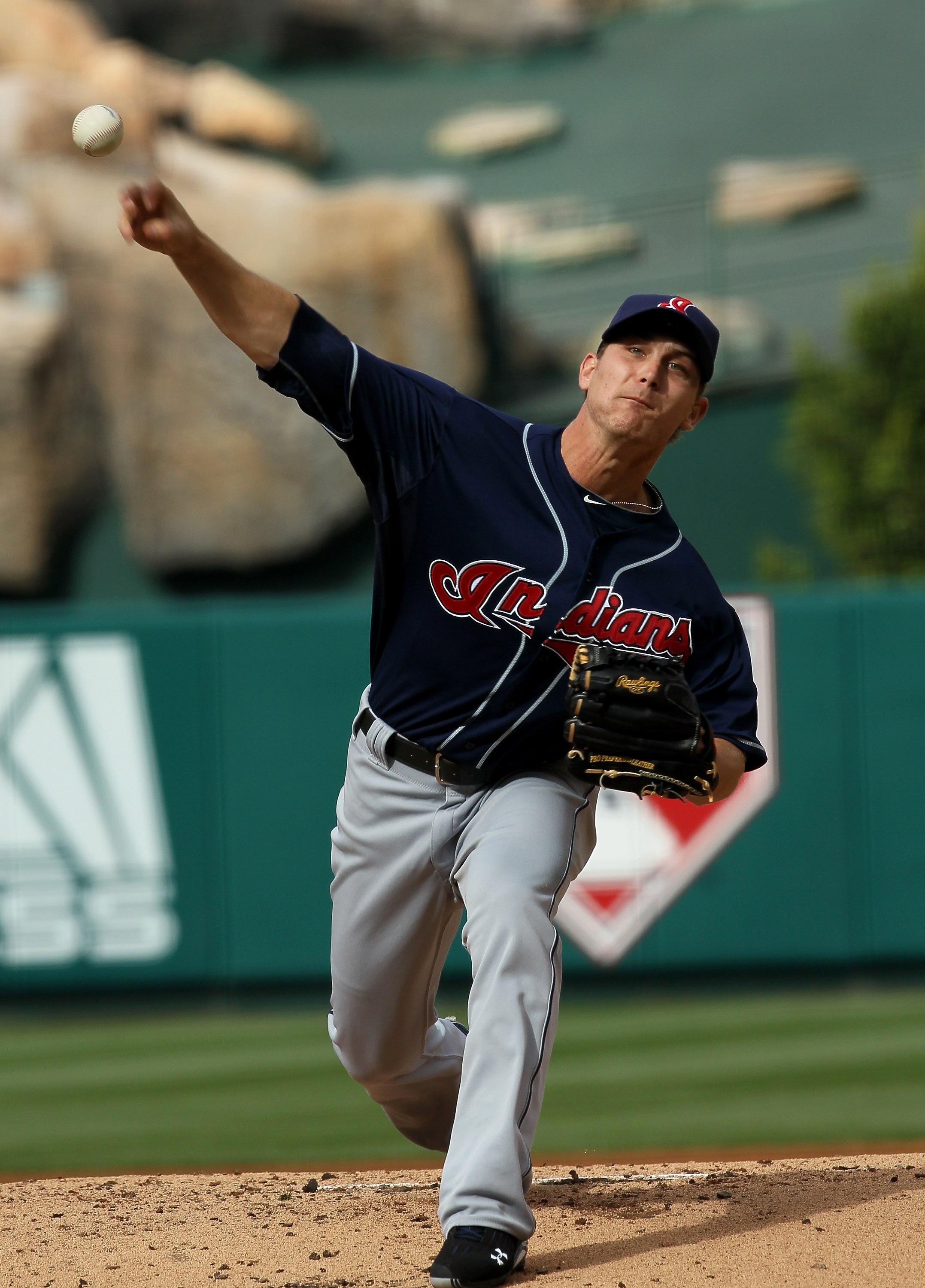 ANAHEIM, CA - SEPTEMBER 08:  Josh Tomlin #43 of the Cleveland Indians throws a pitch against the Los Angeles Angels of Anaheim on September 8, 2010 at Angel Stadium in Anaheim, California.  (Photo by Stephen Dunn/Getty Images)
