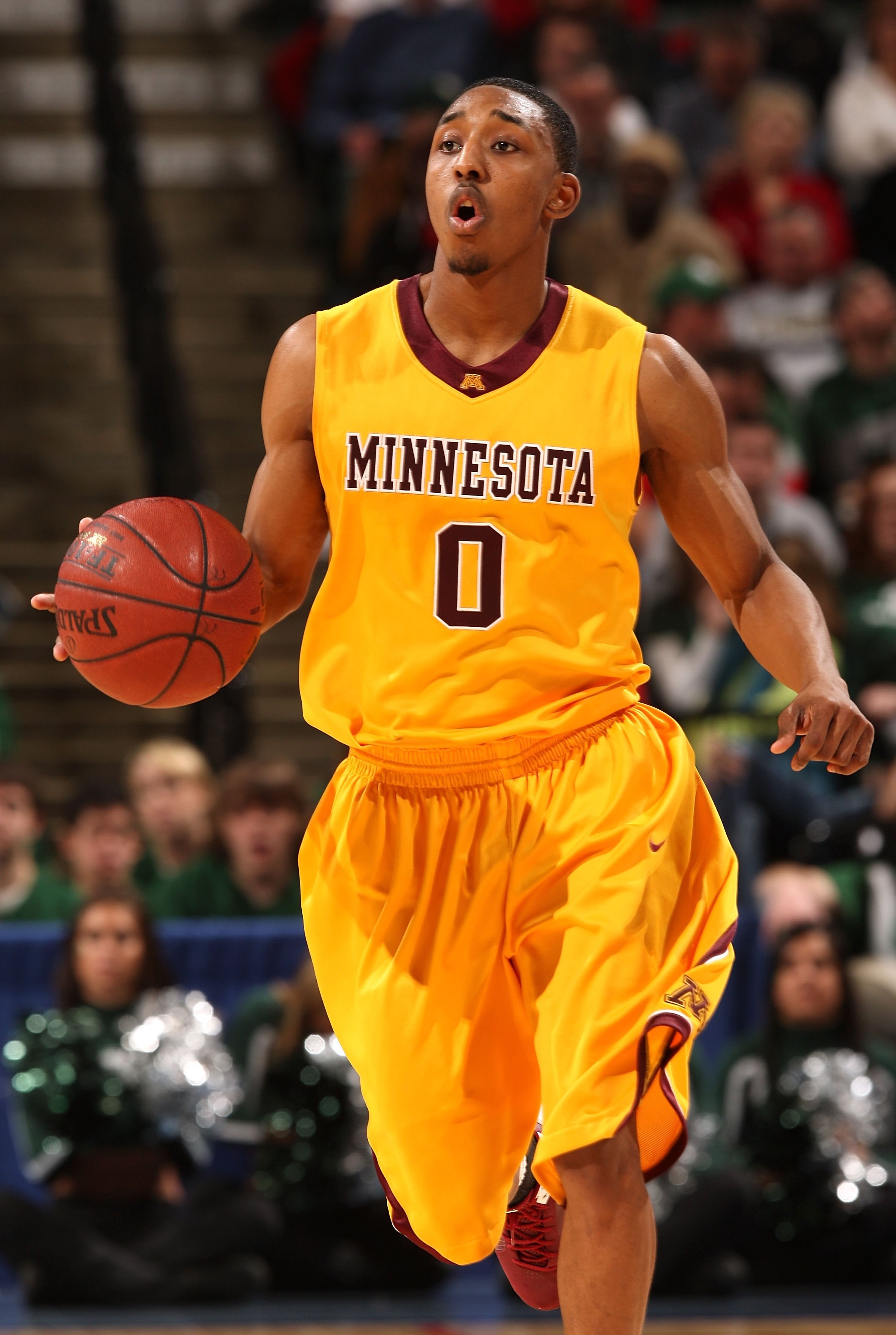 INDIANAPOLIS - MARCH 13:  Al Nolen #0 of the Minnesota Golden Gophers brings the ball up court against the Michigan State Spartans during the second round of the Big Ten Men's Basketball Tournament at Conseco Fieldhouse on March 13, 2009 in Indianapolis,