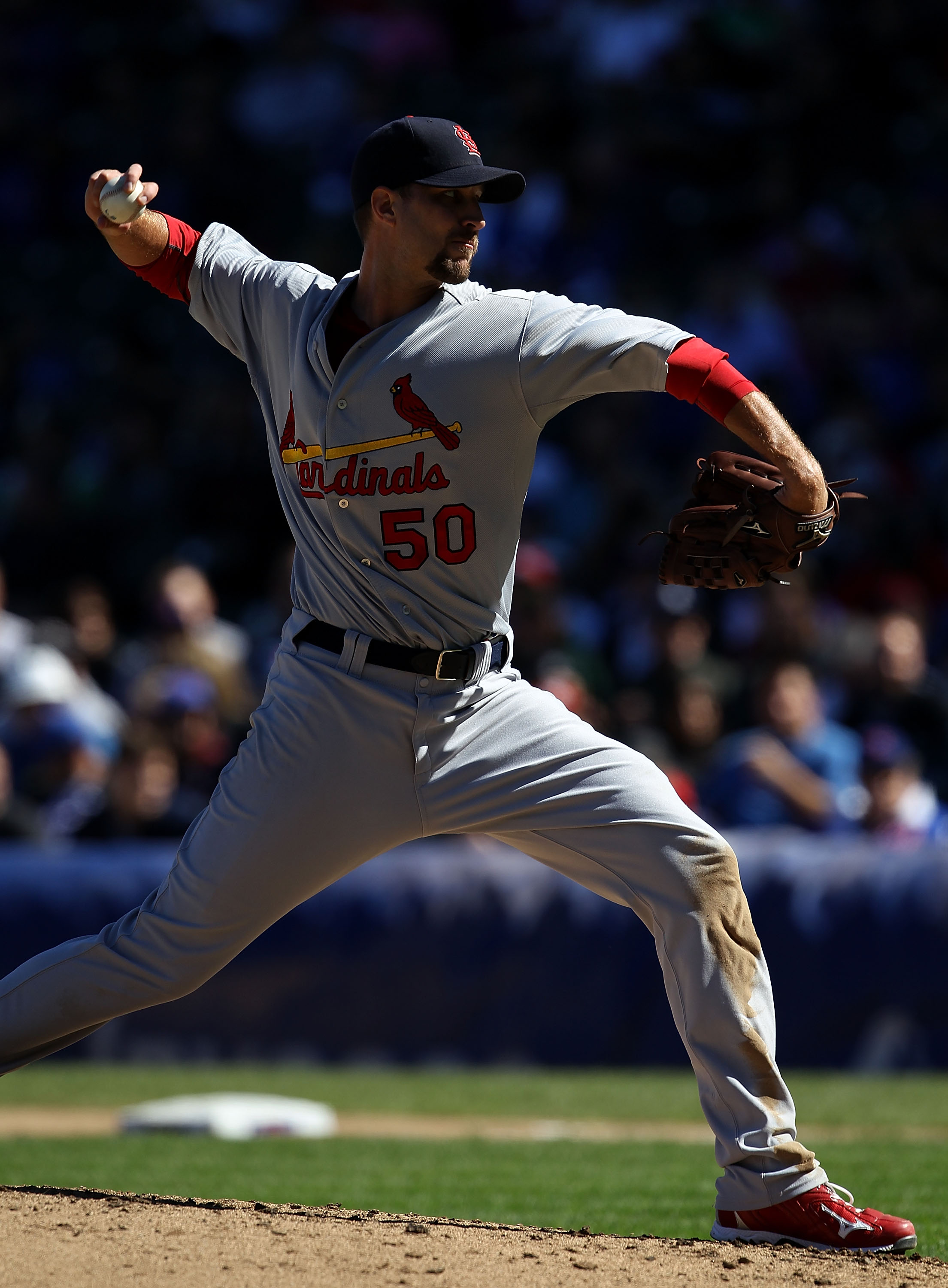 CHICAGO - SEPTEMBER 24: Starting pitcher Adam Wainwright #50 of the St. Louis Cardinals, looking for his 20th win of the season, pitches against the Chicago Cubs at Wrigley Field on September 24, 2010 in Chicago, Illinois. (Photo by Jonathan Daniel/Getty