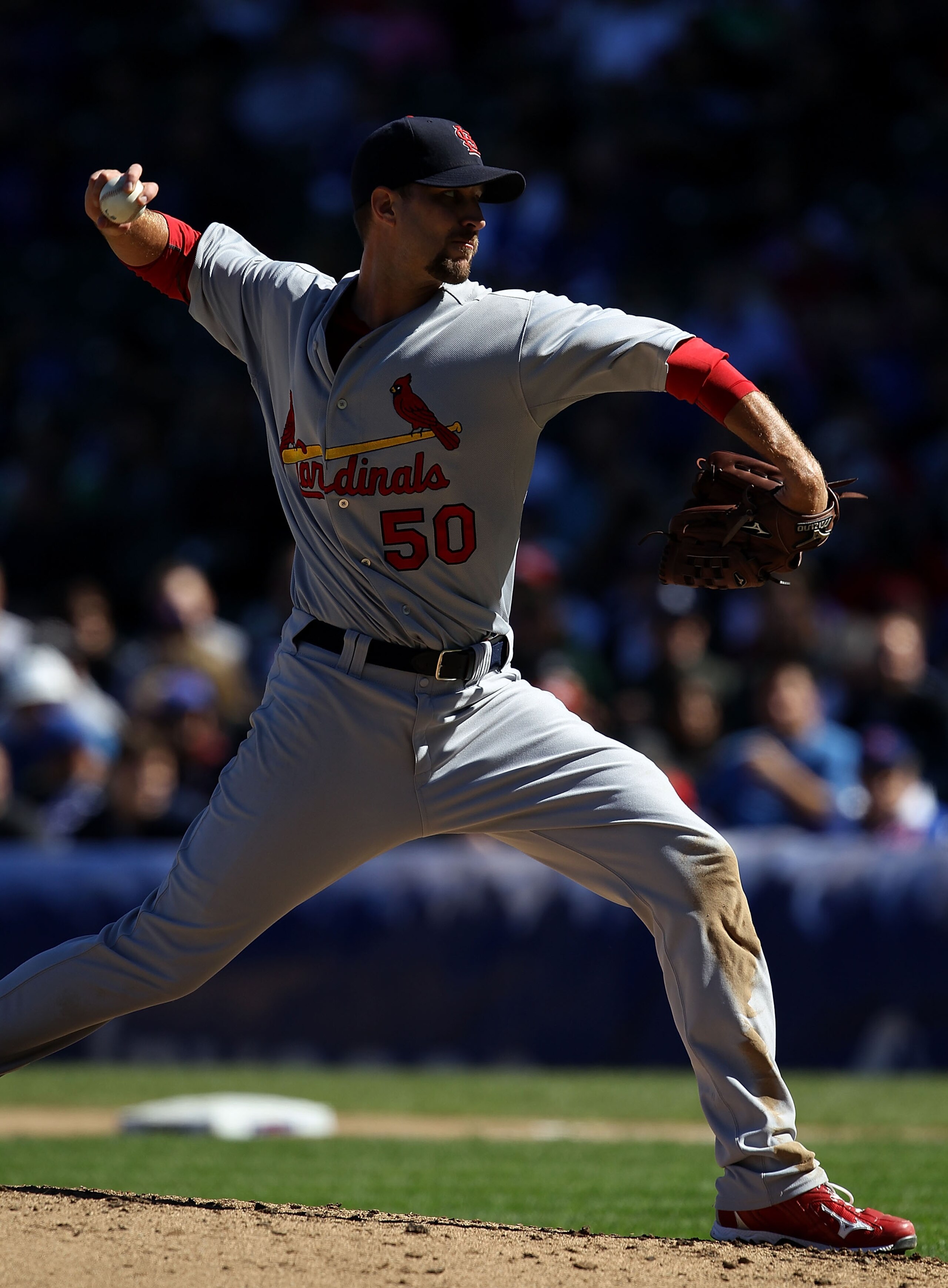 CHICAGO - SEPTEMBER 24: Starting pitcher Adam Wainwright #50 of the St. Louis Cardinals, looking for his 20th win of the season, pitches against the Chicago Cubs at Wrigley Field on September 24, 2010 in Chicago, Illinois. (Photo by Jonathan Daniel/Getty