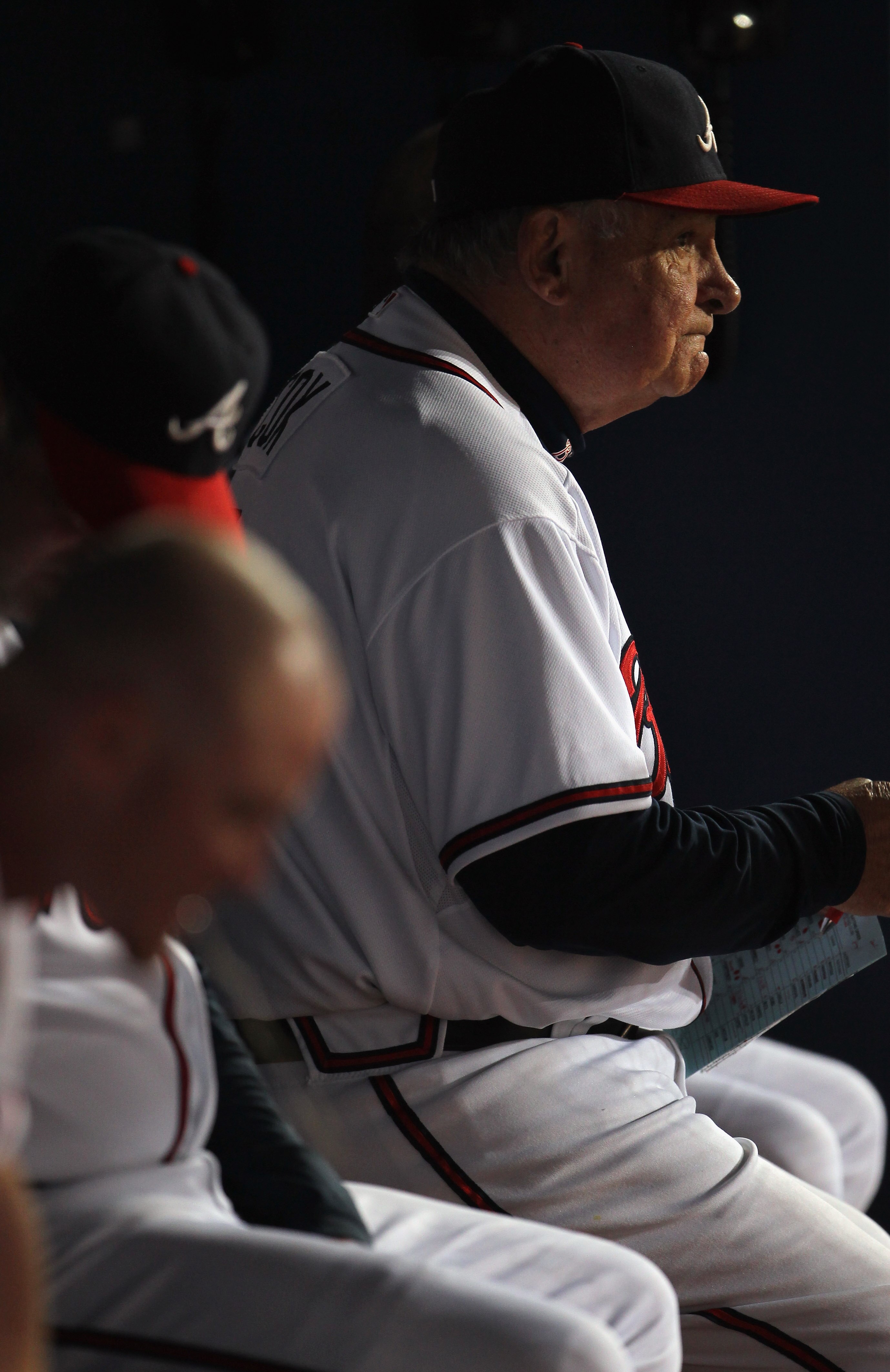 ATLANTA - OCTOBER 11:  Manager Bobby Cox #6 of the Atlanta Braves watches from the dugout during Game Four of the NLDS of the 2010 MLB Playoffs against the San Francisco Giants on October 11, 2010  at Turner Field in Atlanta, Georgia.  (Photo by Jamie Squ