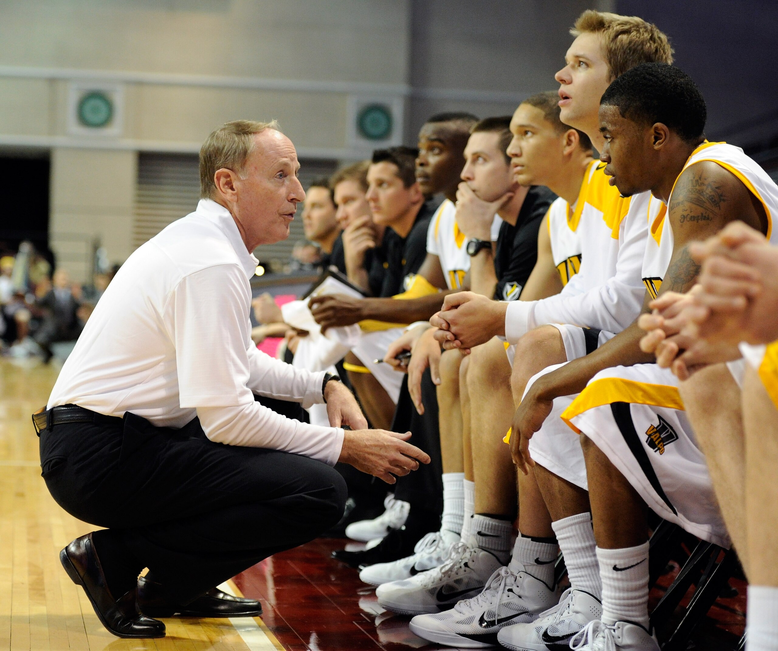 LAS VEGAS - NOVEMBER 26:  Head coach Homer Drew of the Valparaiso Crusaders talks to his players on the bench as they take on the Northern Colorado Bears during the third round of the Las Vegas Invitational at The Orleans Arena November 26, 2010 in Las Ve
