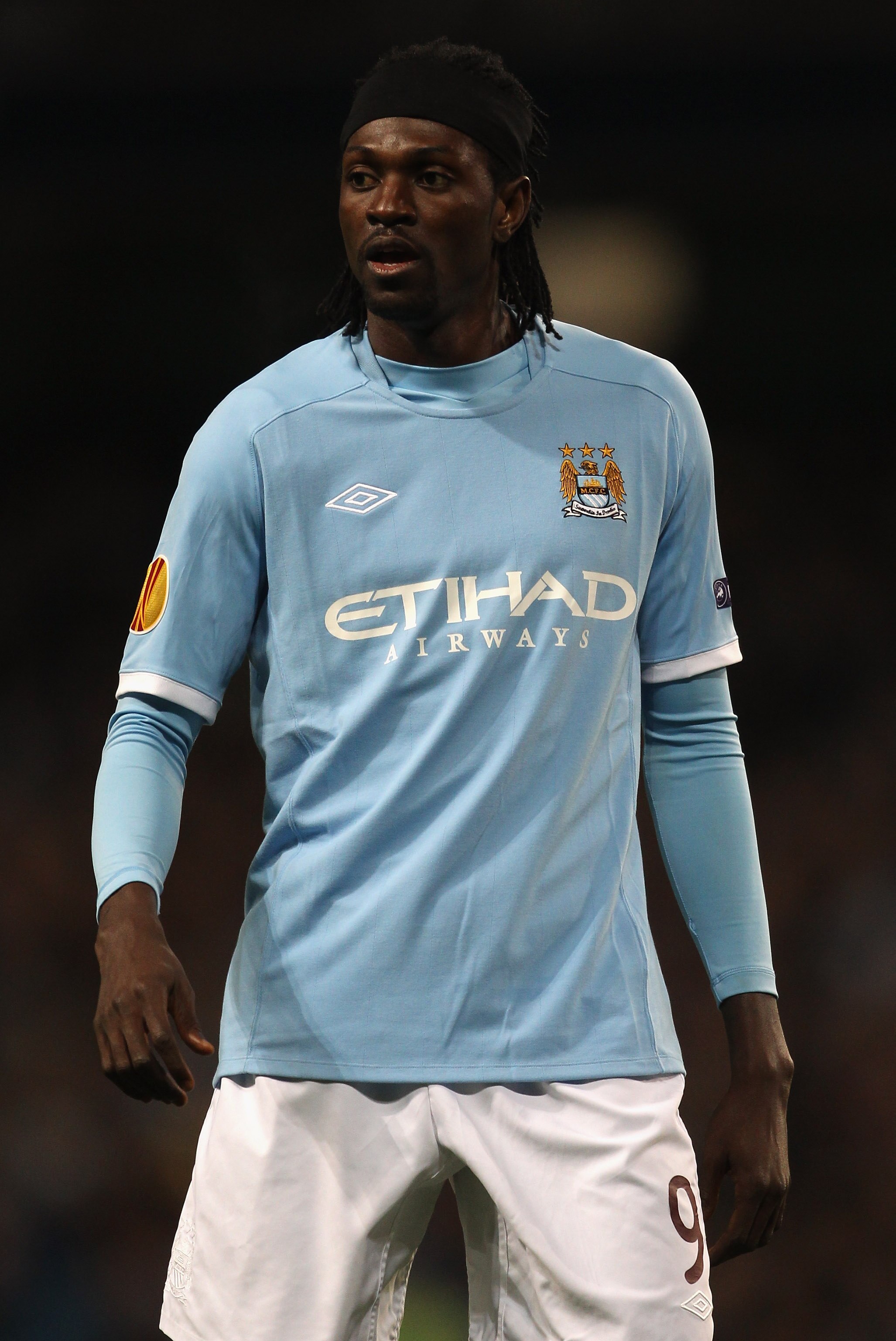 MANCHESTER, ENGLAND - OCTOBER 21:  Emmanuel Adebayor of Manchester City during the UEFA Europa League Group A match between Manchester City and KKS Lech Poznan at City of Manchester Stadium on October 21, 2010 in Manchester, England.  (Photo by Alex Lives
