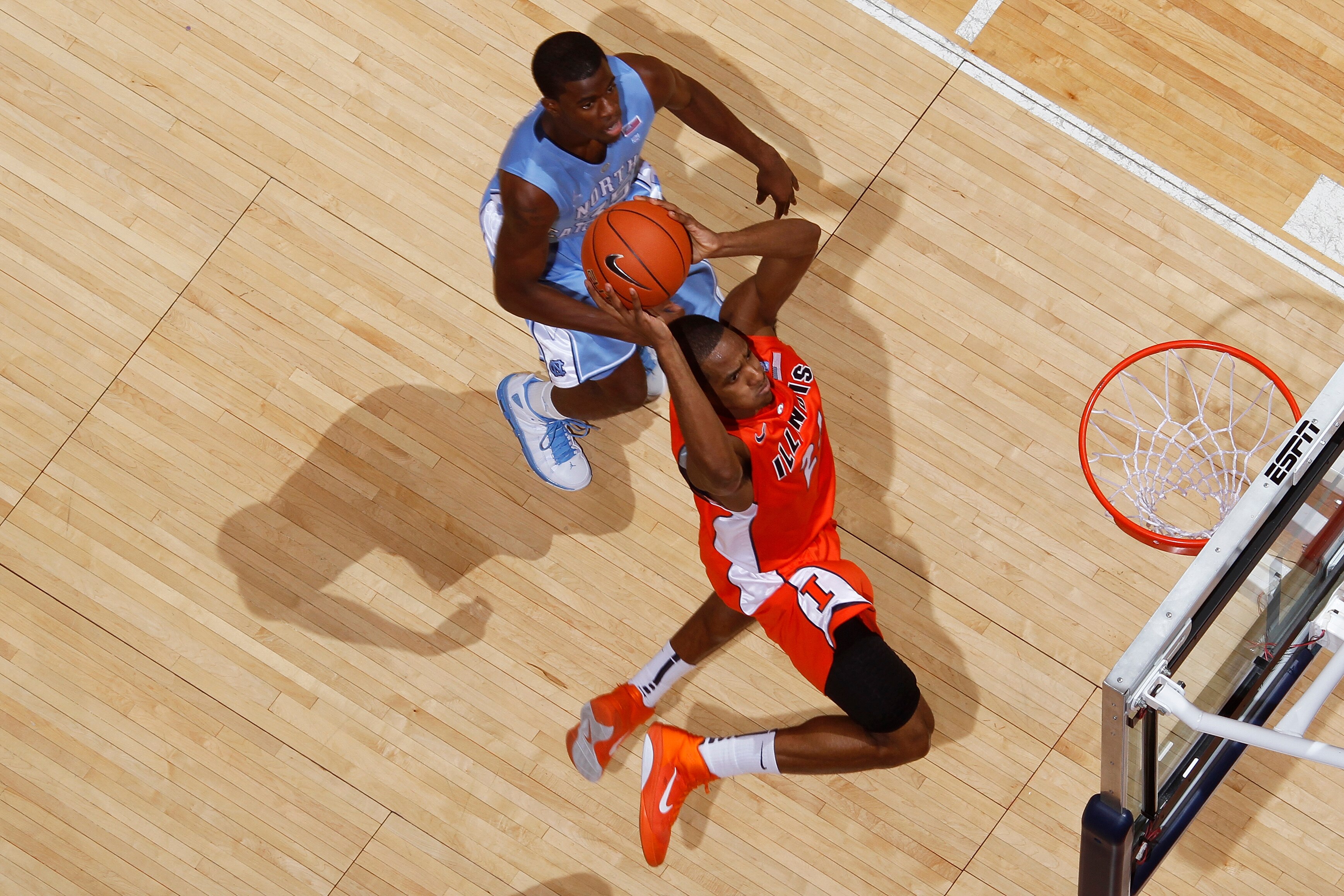 CHAMPAIGN, IL - NOVEMBER 30: Mike Davis #24 of the Illinois Fighting Illini goes up for a slam dunk and two of his game-high 20 points against the North Carolina Tar Heels during the 2010 ACC/Big Ten Challenge at Assembly Hall on November 30, 2010 in Cham