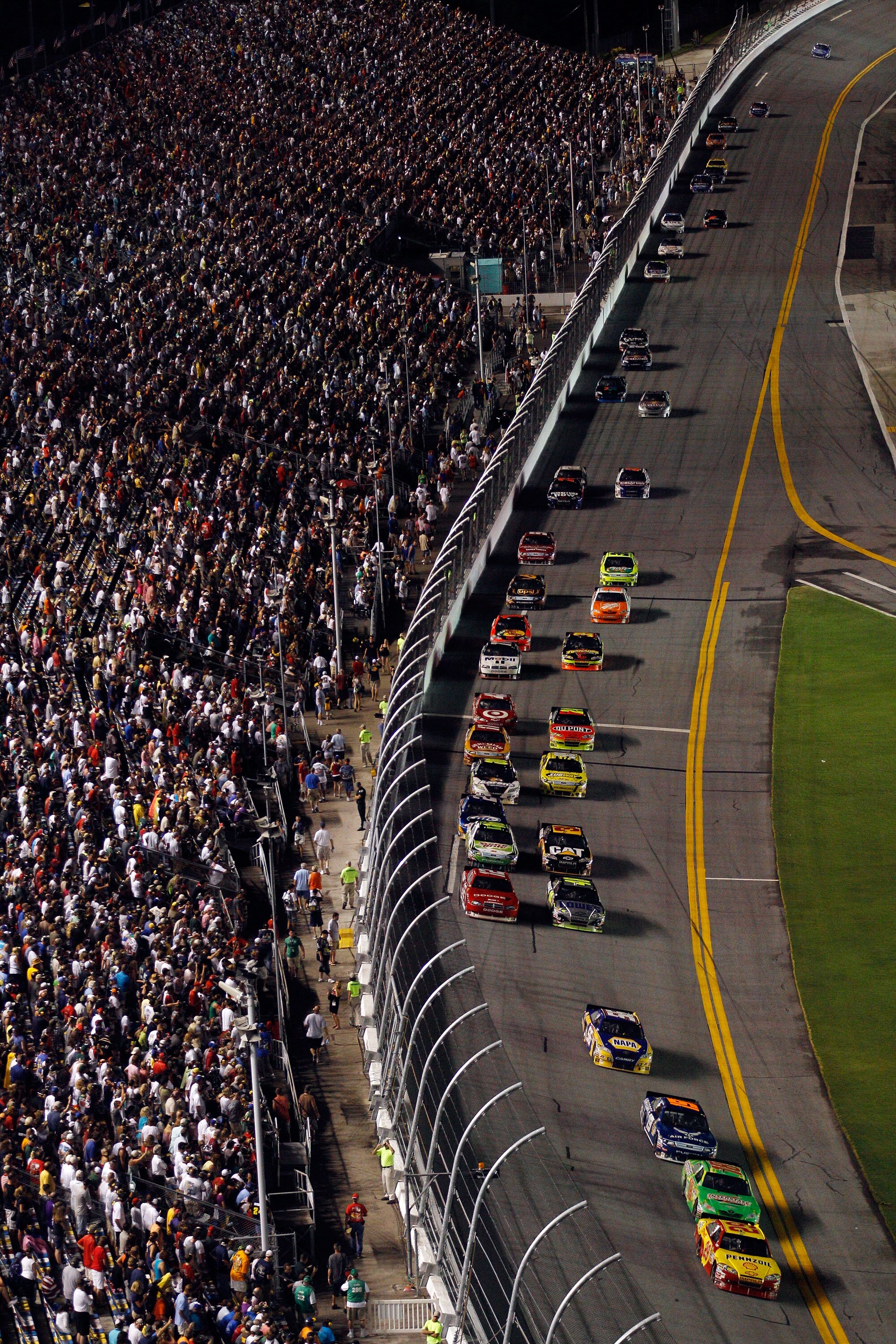 DAYTONA BEACH, FL - JULY 03:  Kevin Harvick, driver of the #29 Shell/Pennzoil Chevrolet leads the field during the NASCAR Sprint Cup Series Coke Zero 400 at Daytona International Speedway on July 3, 2010 in Daytona Beach, Florida.  (Photo by Chris Graythe