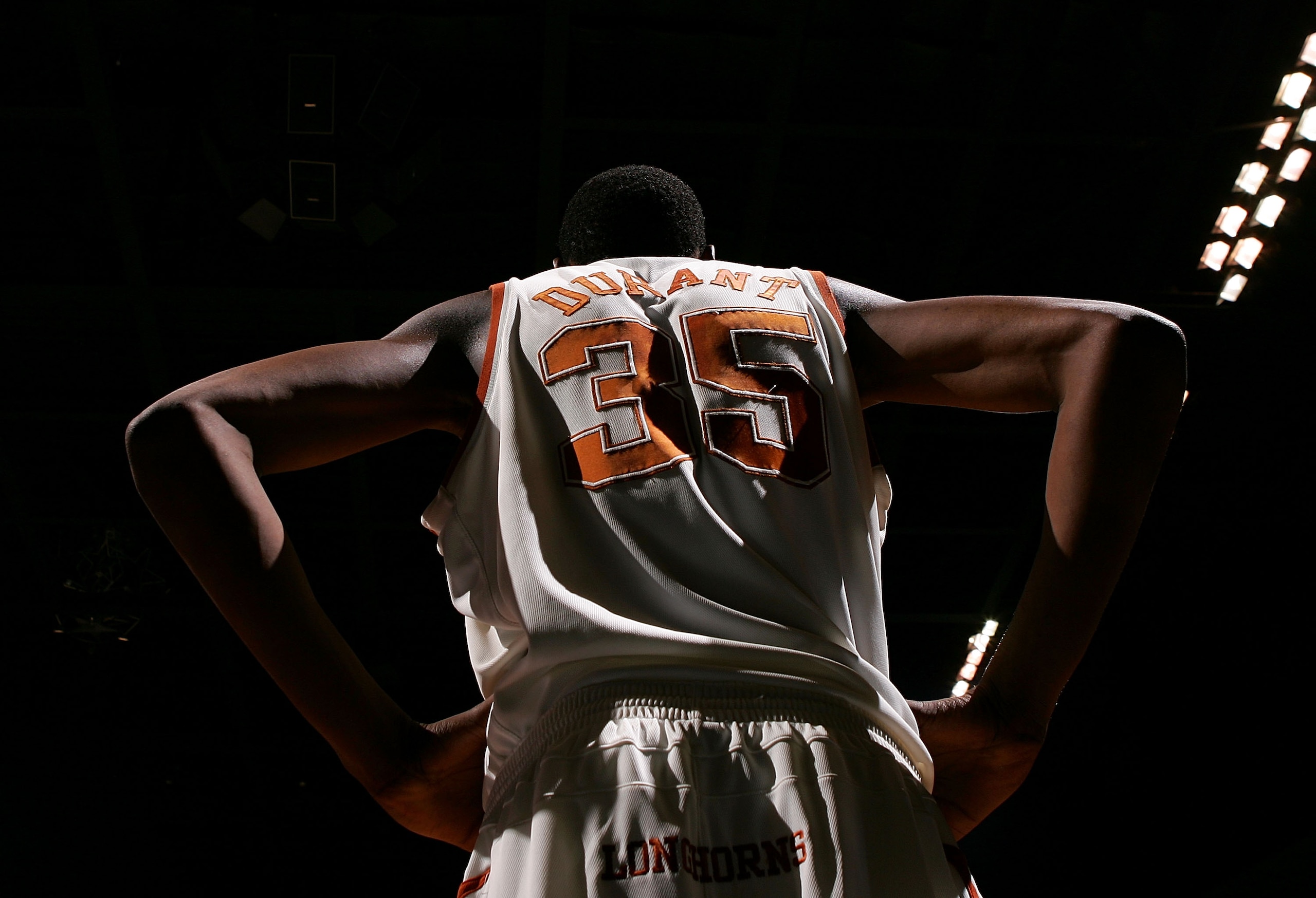 SPOKANE, WA - MARCH 16: A view of the back of Kevin Durant #35 of the Texas Longhorns during the first round of the NCAA Men's Basketball Tournament against the New Mexico State Aggies at Spokane Memorial Arena on March 16, 2007 in Spokane, Washington.  T