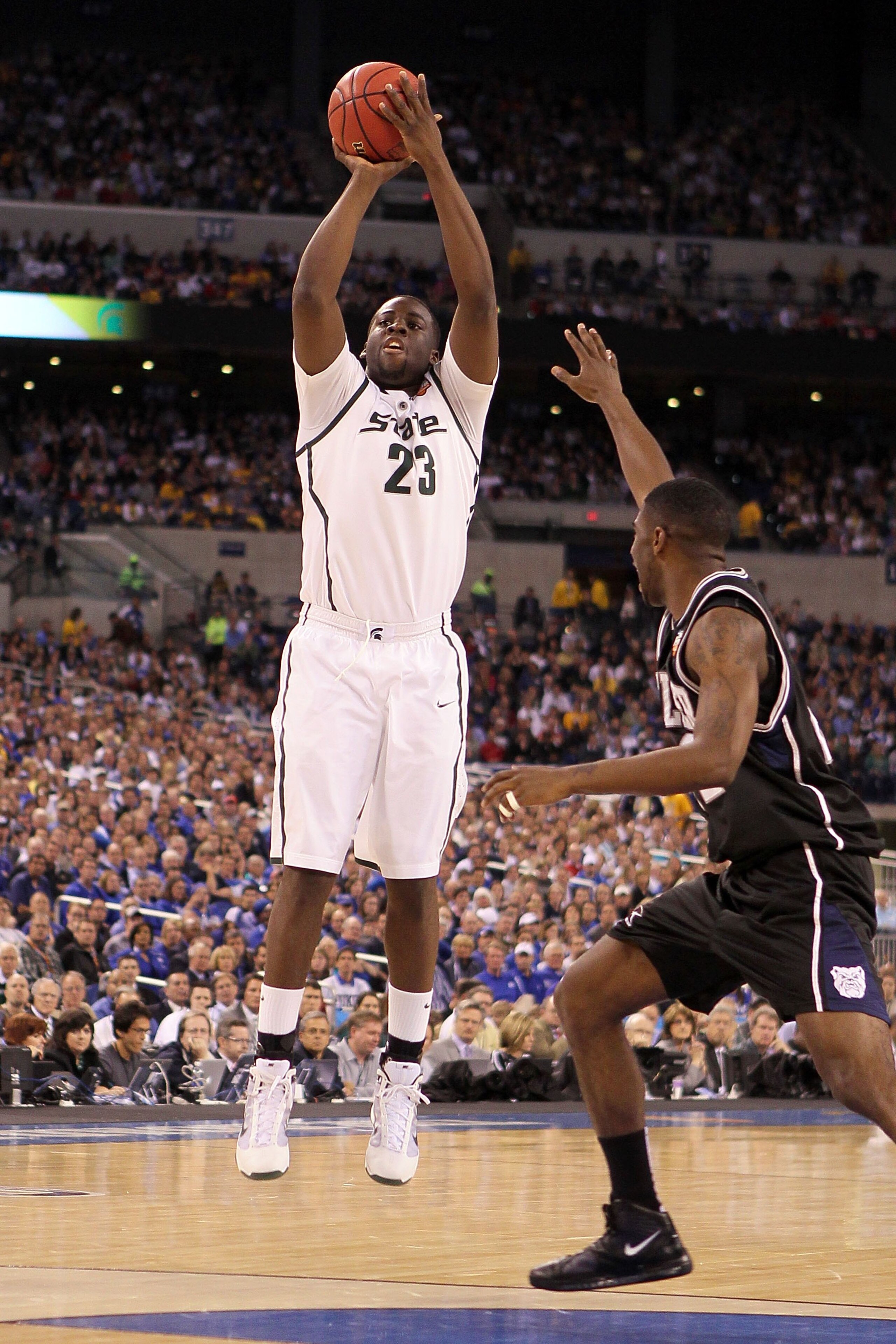 INDIANAPOLIS - APRIL 03:  Draymond Green #23 of the Michigan State Spartans shoots the ball against the Butler Bulldogs during the National Semifinal game of the 2010 NCAA Division I Men's Basketball Championship on April 3, 2010 in Indianapolis, Indiana.