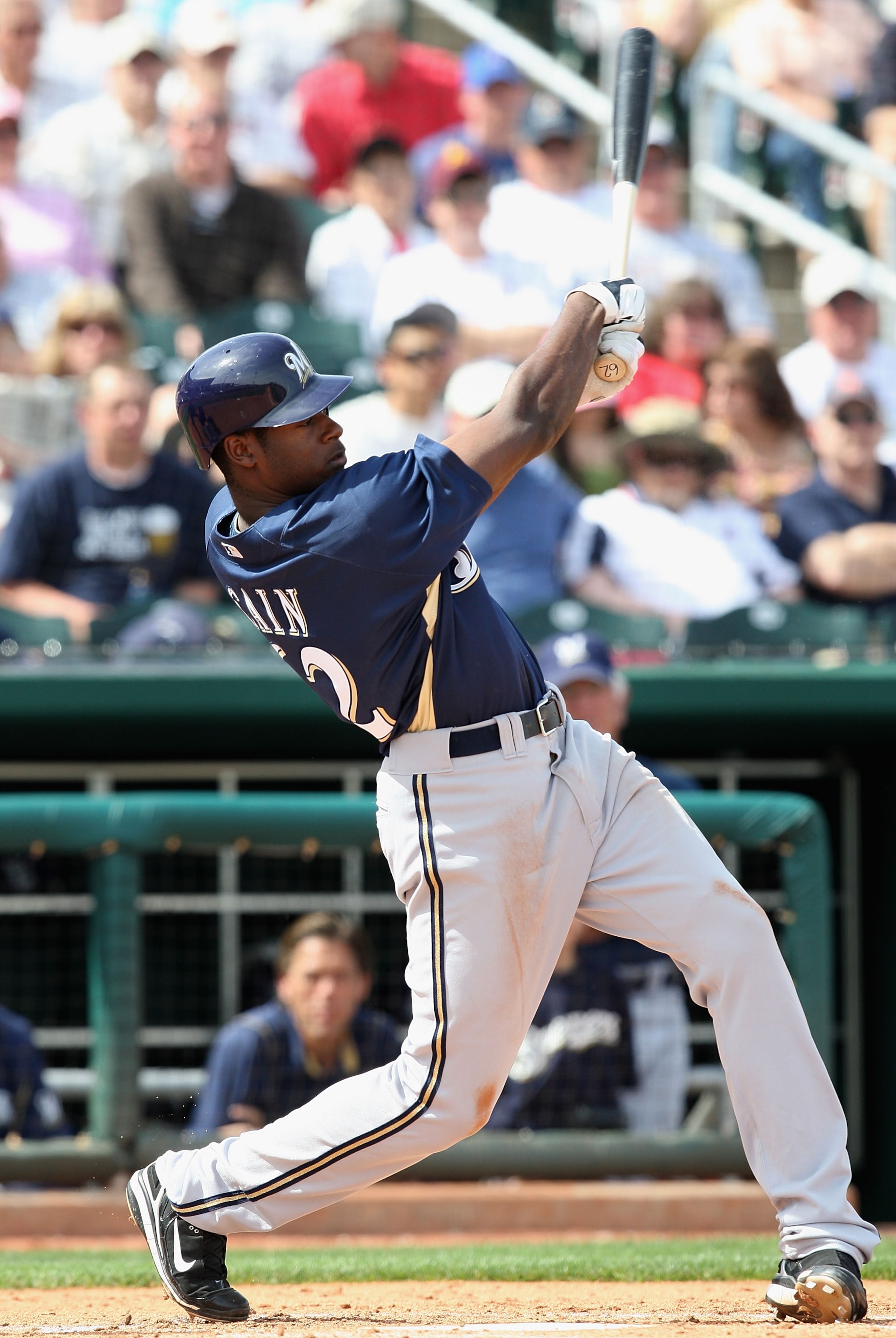 GOODYEAR , AZ - MARCH 06:  Lorenzo Cain #62 of the Milwaukee Brewers bats against the Cleveland Indians during the spring training game at Goodyear Ballpark on March 6, 2009 in Goodyear, Arizona. The Brewers defeated the Indians 17-7.  (Photo by Christian