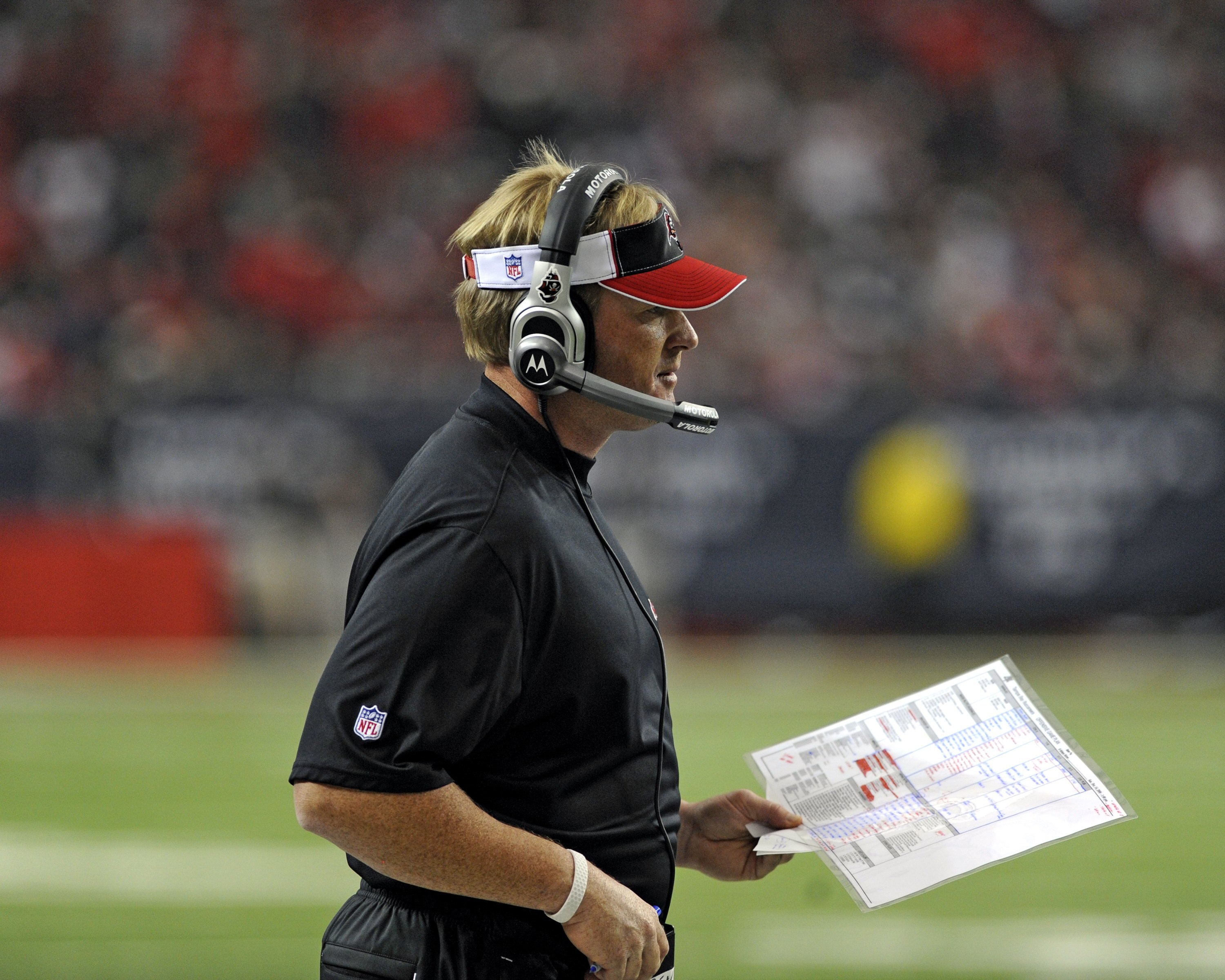ATLANTA - DECEMBER 14: Coach Jon Gruden of the Tampa Bay Buccaneers directs play against the Atlanta Falcons at the Georgia Dome on December 14, 2008 in Atlanta, Georgia.  (Photo by Al Messerschmidt/Getty Images)