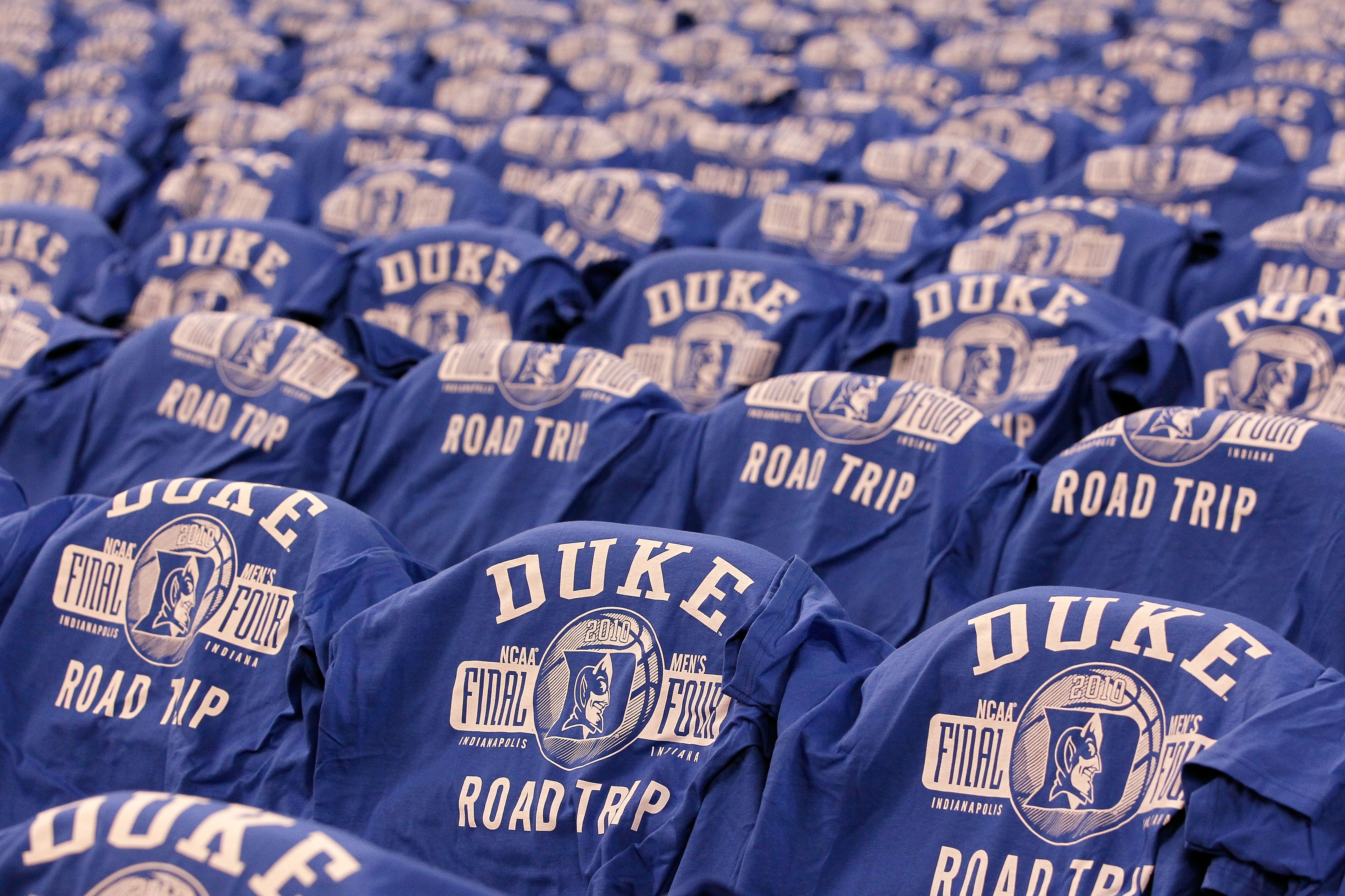 INDIANAPOLIS - APRIL 03:  Final four t-shirts with the logo of the Duke Blue Devils are seen on the backs of chairs against the West Virginia Mountaineers during the National Semifinal game of the 2010 NCAA Division I Men's Basketball Championship on Apri