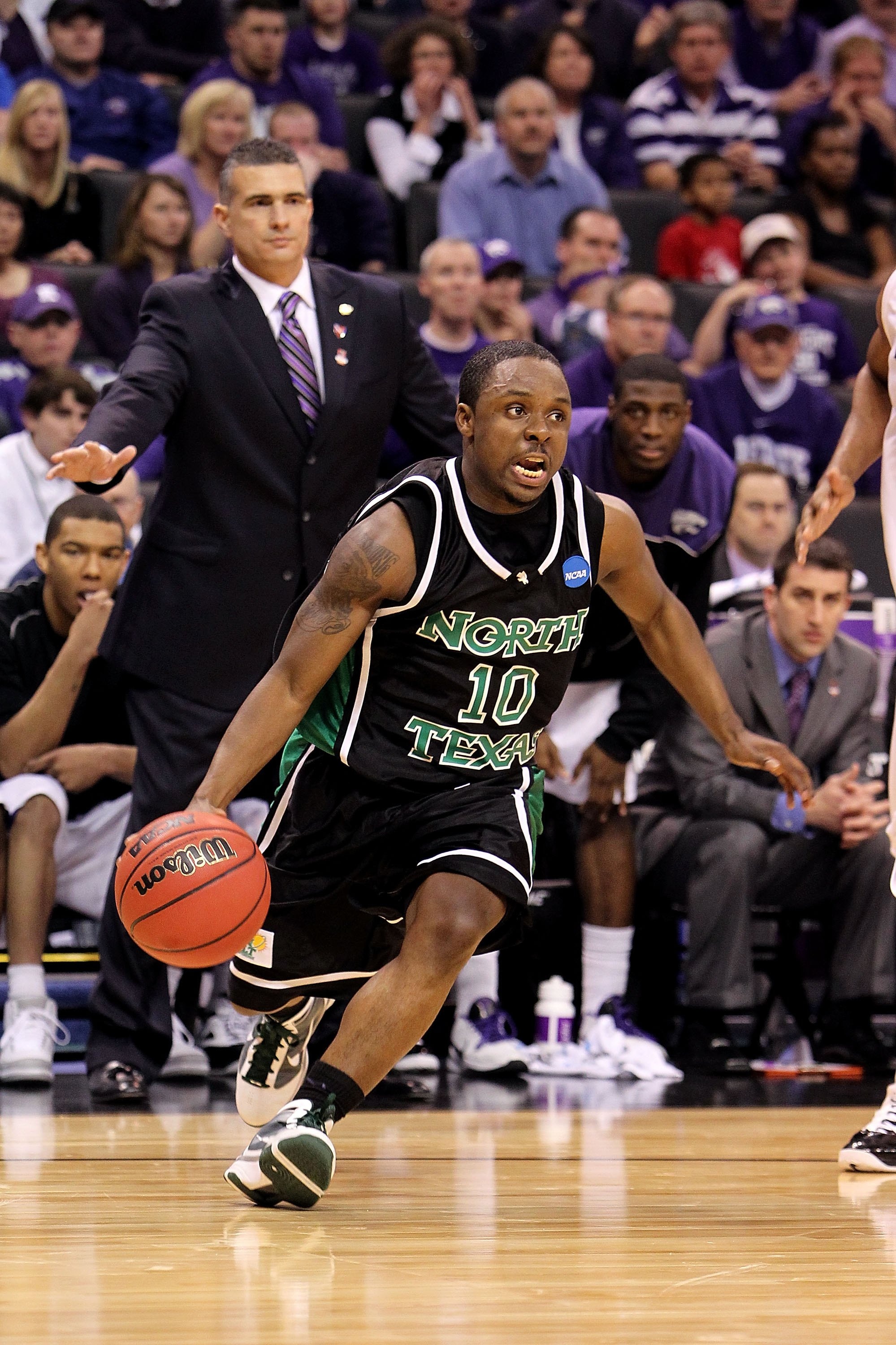 OKLAHOMA CITY - MARCH 18:  Josh White #10 of the North Texas Mean Green drives against the Kansas State Wildcats during the first round of the 2010 NCAA men's basketball tournament at Ford Center on March 18, 2010 in Oklahoma City, Oklahoma.  (Photo by Ro