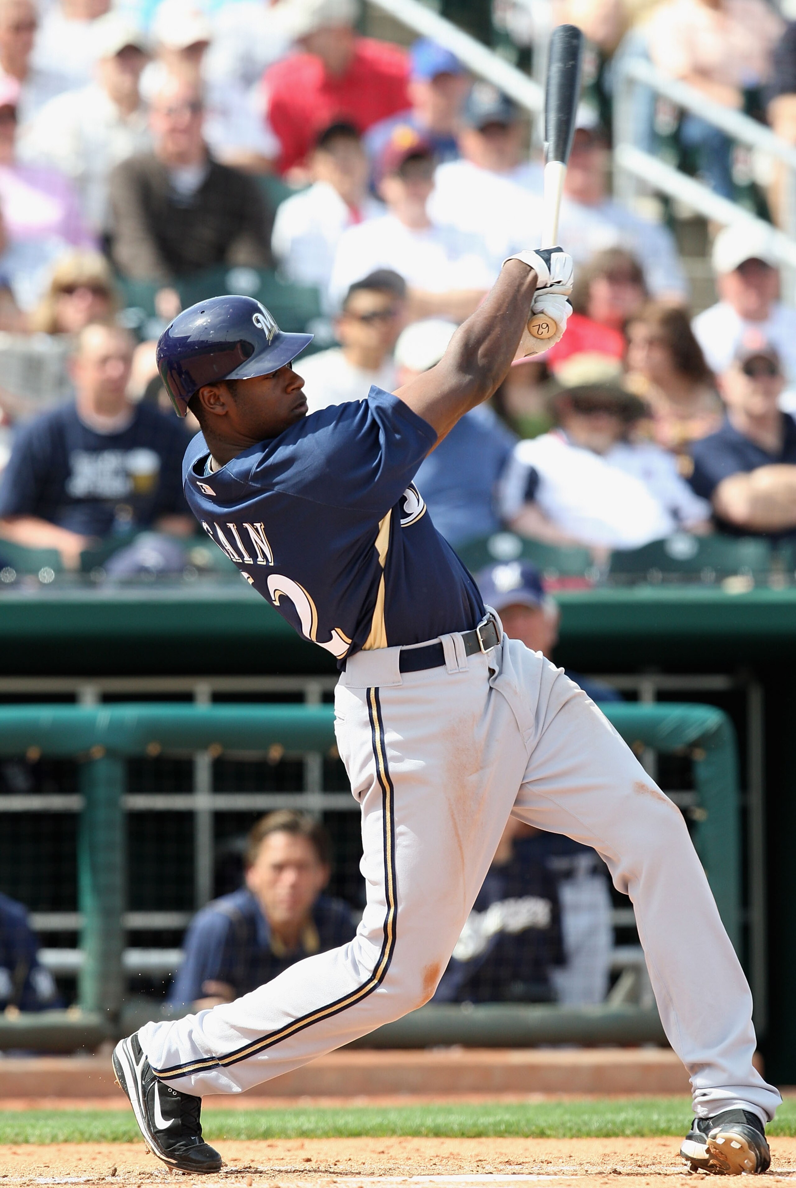 GOODYEAR , AZ - MARCH 06:  Lorenzo Cain #62 of the Milwaukee Brewers bats against the Cleveland Indians during the spring training game at Goodyear Ballpark on March 6, 2009 in Goodyear, Arizona. The Brewers defeated the Indians 17-7.  (Photo by Christian