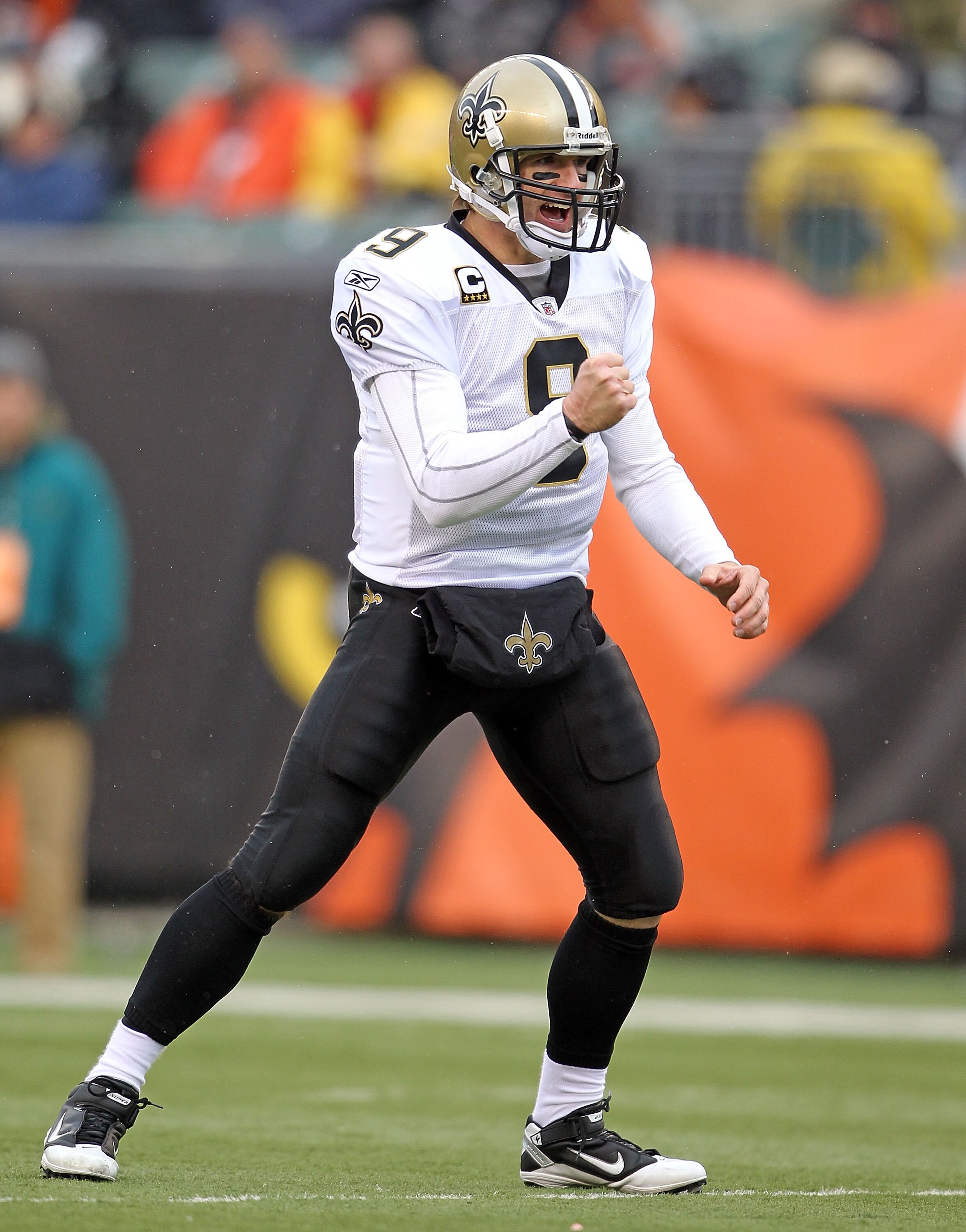 CINCINNATI, OH - DECEMBER 05:  Dree Brees #9 of the New Orleans Saints celebrates after a touchdown during the NFL game against the Cincinnati Bengals at Paul Brown Stadium on December 5, 2010 in Cincinnati, Ohio.  The Saints won 34-30.  (Photo by Andy Ly
