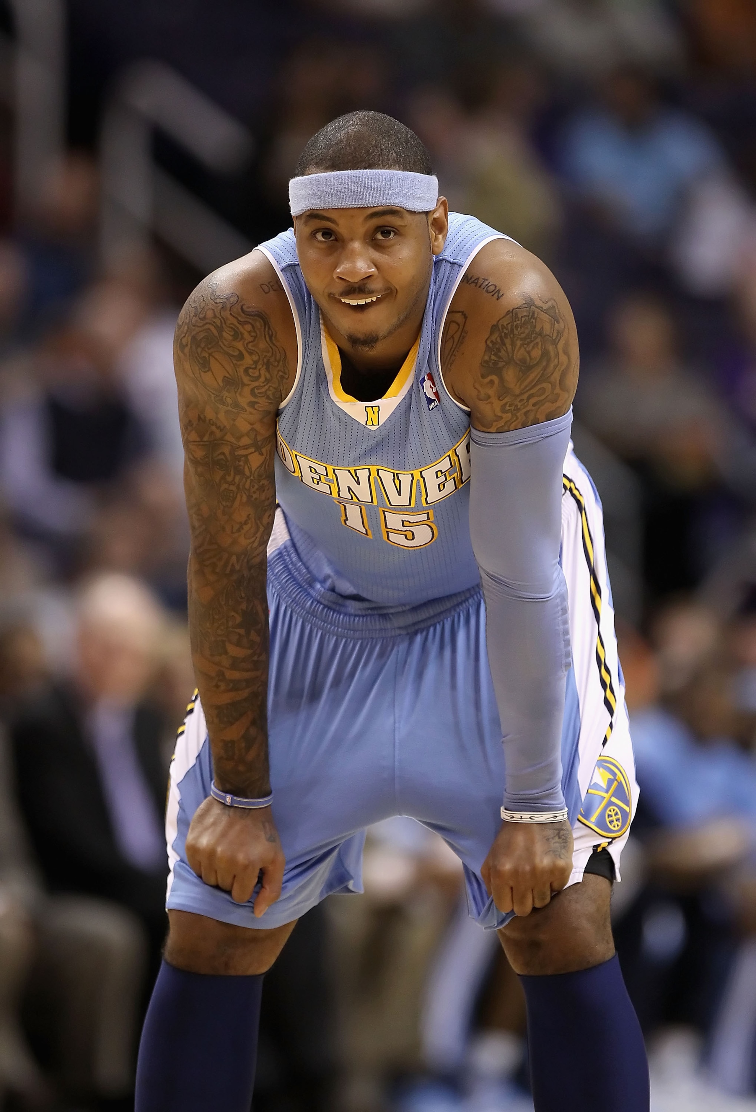 PHOENIX - NOVEMBER 15: Carmelo Anthony #15 of the Denver Nuggets during the NBA game against the Phoenix Suns at US Airways Center on November 15, 2010 in Phoenix, Arizona. The Suns defeated the Nuggets 100-94. NOTE TO USER: User expressly acknowledges PHOENIX - NOVEMBER 15: Carmelo Anthony #15 of the Denver Nuggets during the NBA game against the Phoenix Suns at US Airways Center on November 15, 2010 in Phoenix, Arizona. The Suns defeated the Nuggets 100-94. NOTE TO USER: User expressly acknowledges