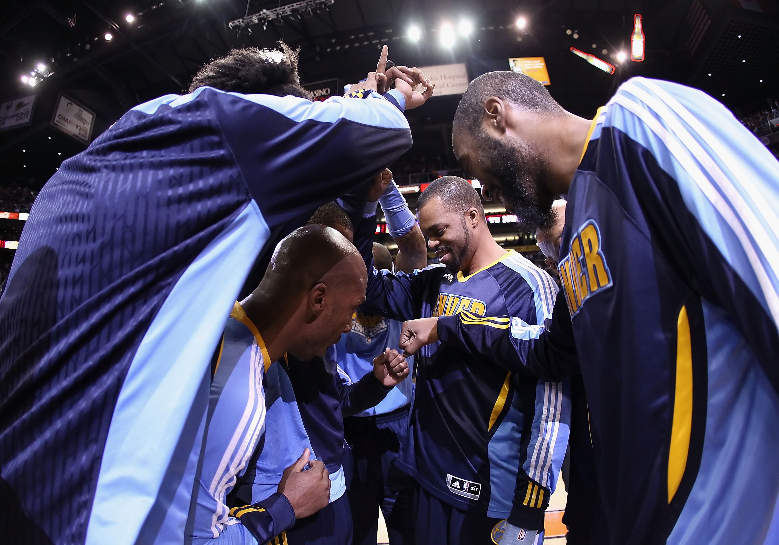 PHOENIX - NOVEMBER 15:  The Denver Nuggets huddle up before the NBA game against the Phoenix Suns at US Airways Center on November 15, 2010 in Phoenix, Arizona. NOTE TO USER: User expressly acknowledges and agrees that, by downloading and or using this ph