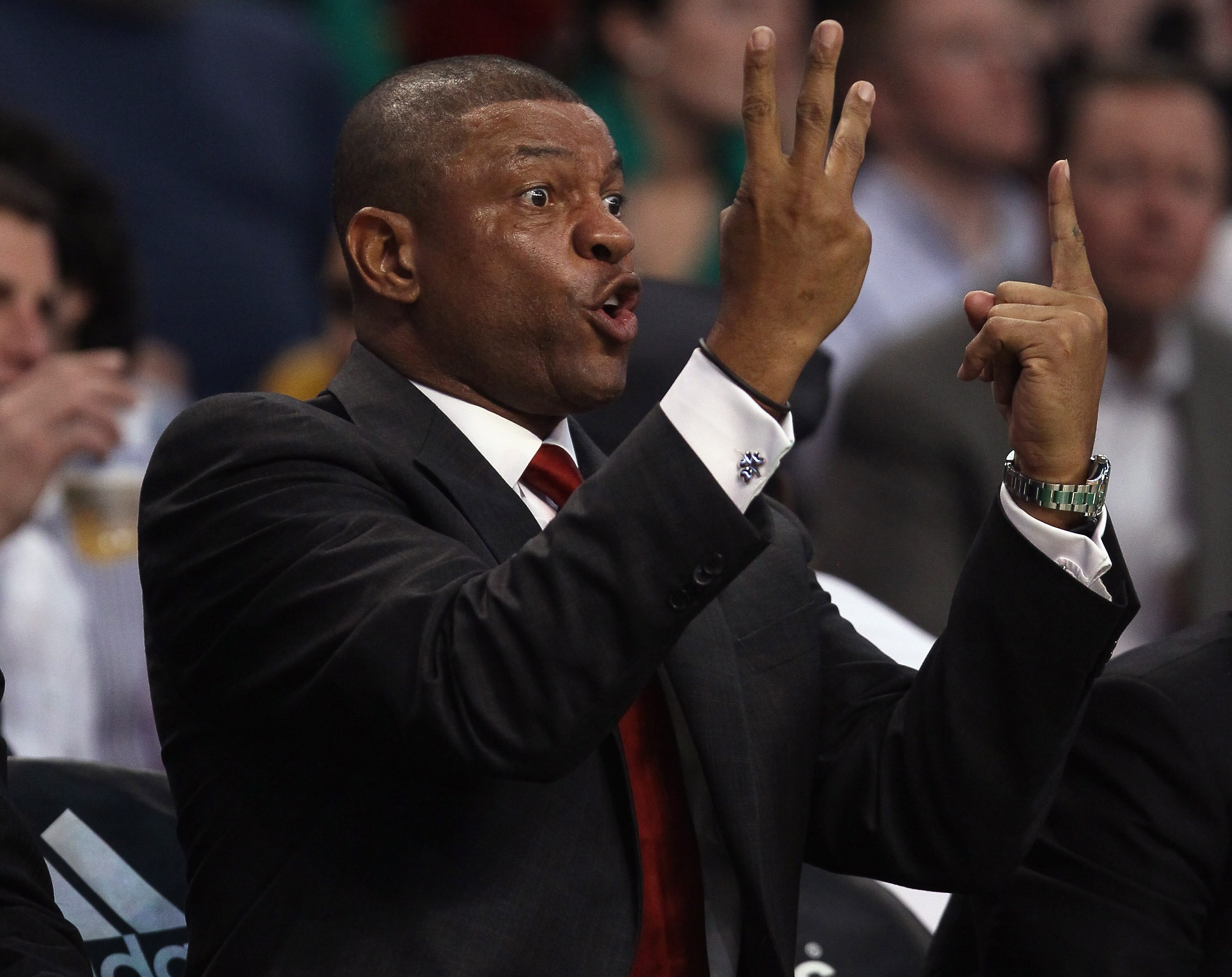 BOSTON - DECEMBER 01:  Head coach Doc Rivers of the Boston Celtics directs his team in the second half against the Portland Trailblazers on December 1, 2010 at the TD Garden in Boston, Massachusetts. The Celtics defeated the Trailblazers 99-95. NOTE TO US