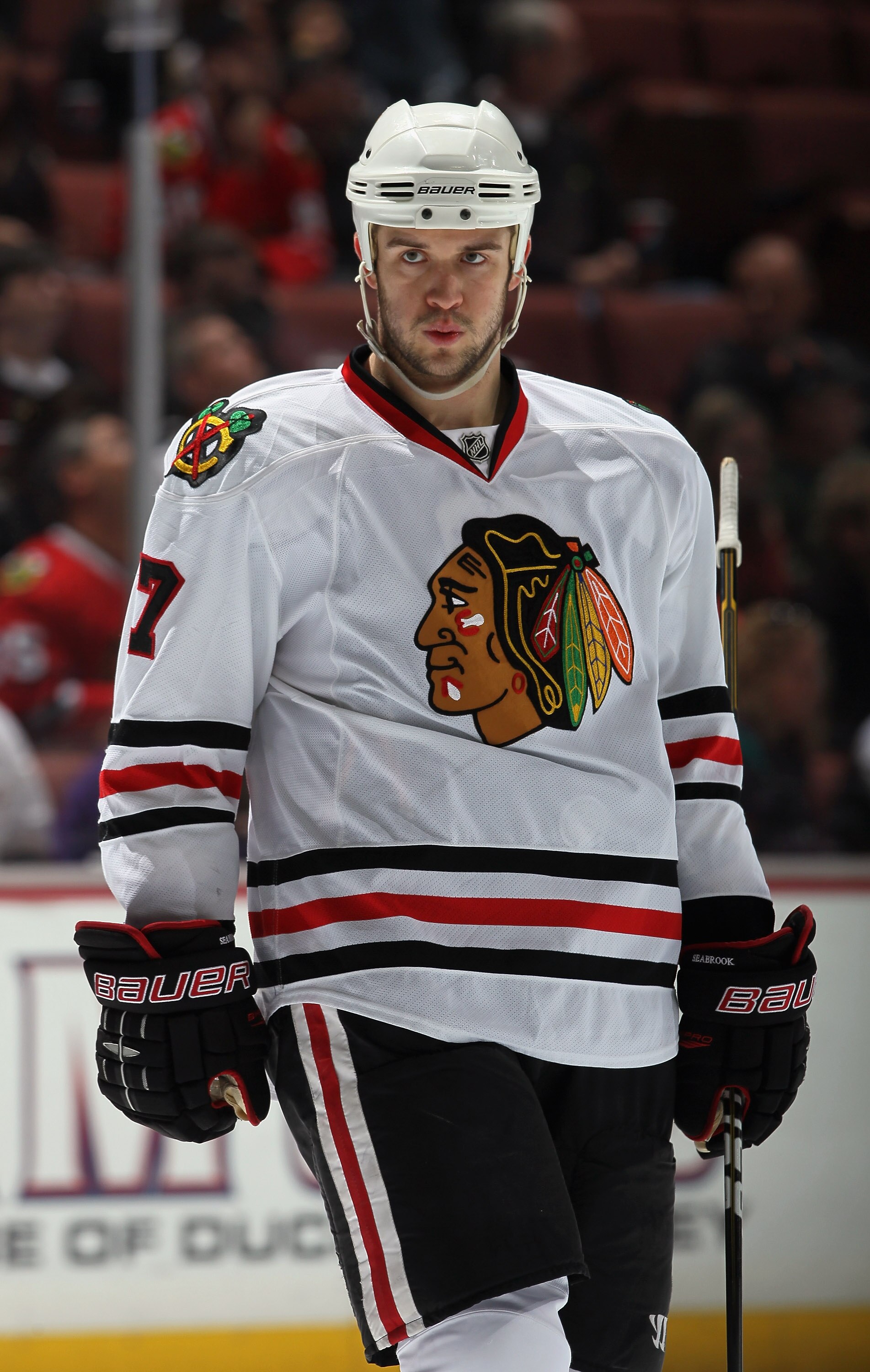 ANAHEIM, CA - NOVEMBER 26:  Brent Seabrook #7 of the Chicago Blackhawks looks on against the Anaheim Ducks at the Honda Center on November 26, 2010 in Anaheim, California.  (Photo by Jeff Gross/Getty Images)