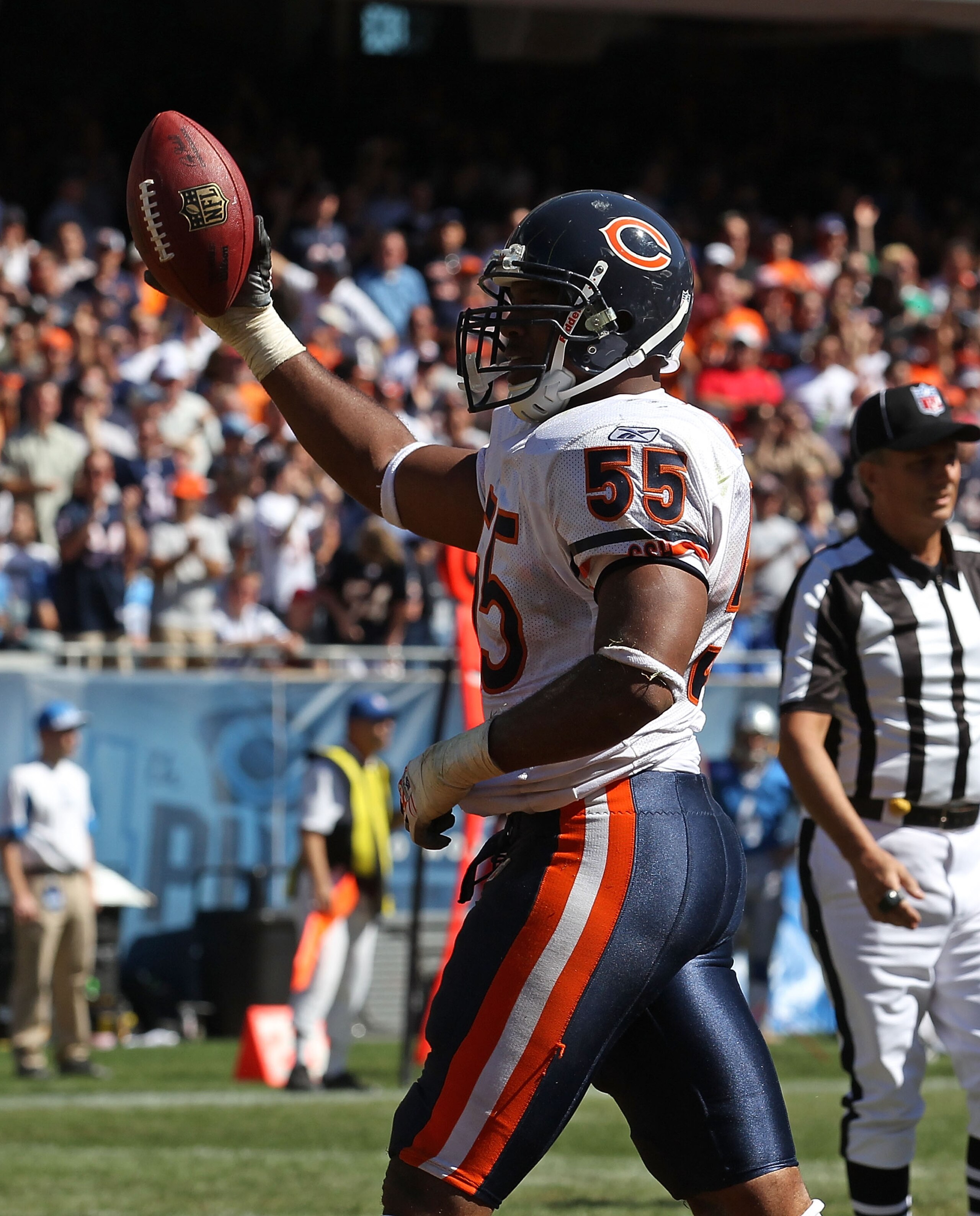CHICAGO - SEPTEMBER 12: Lance Briggs #55 of the Chicago Bears celebrates a turn-over during the NFL season opening game against the Detroit Lions at Soldier Field on September 12, 2010 in Chicago, Illinois. The Bears defeated the Lions 19-14. (Photo by Jo