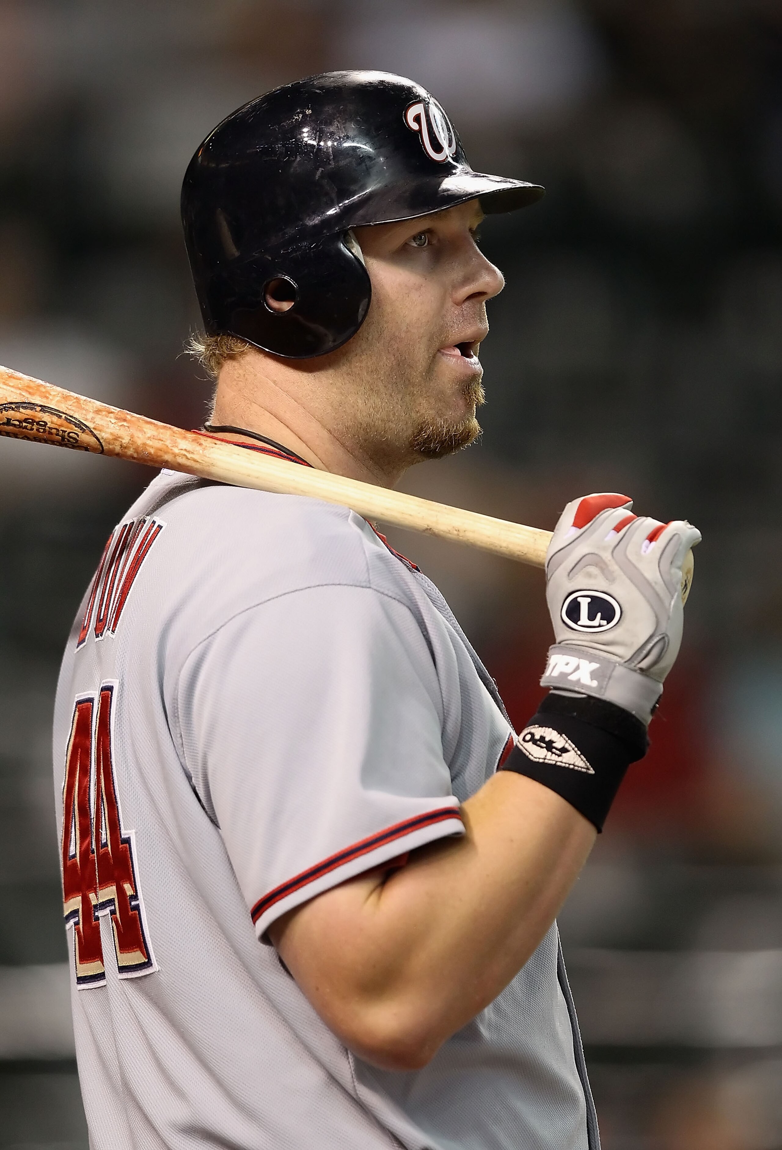 PHOENIX - AUGUST 04:  Adam Dunn #44 of the Washington Nationals prepares to bat during the Major League Baseball game against the Arizona Diamondbacks at Chase Field on August 4, 2010 in Phoenix, Arizona. The Nationals defeated the Diamondbacks 7-2.  (Pho