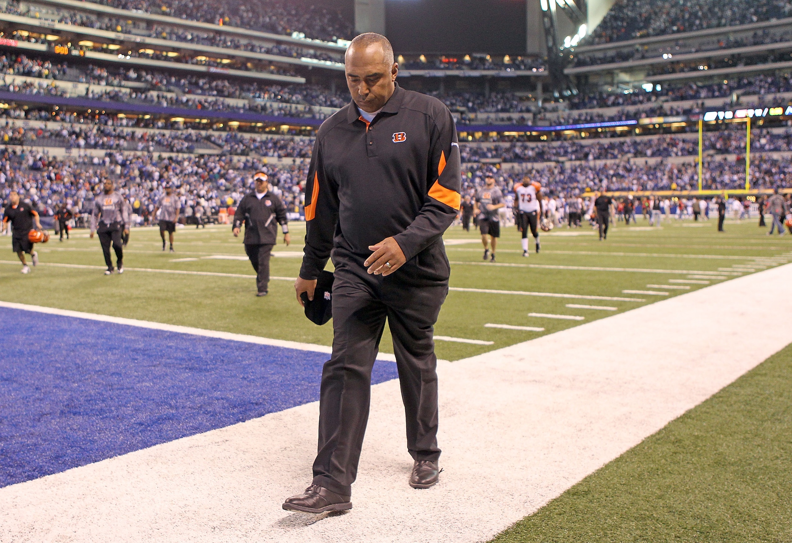 INDIANAPOLIS - NOVEMBER 14:  Marvin Lewis the Head Coach of the Cincinnati Bengals walks off of the field following the Bengals 23-17 loss to the Indianapolis Colts in the NFL game at Lucas Oil Stadium on November 14, 2010 in Indianapolis, Indiana. The Co