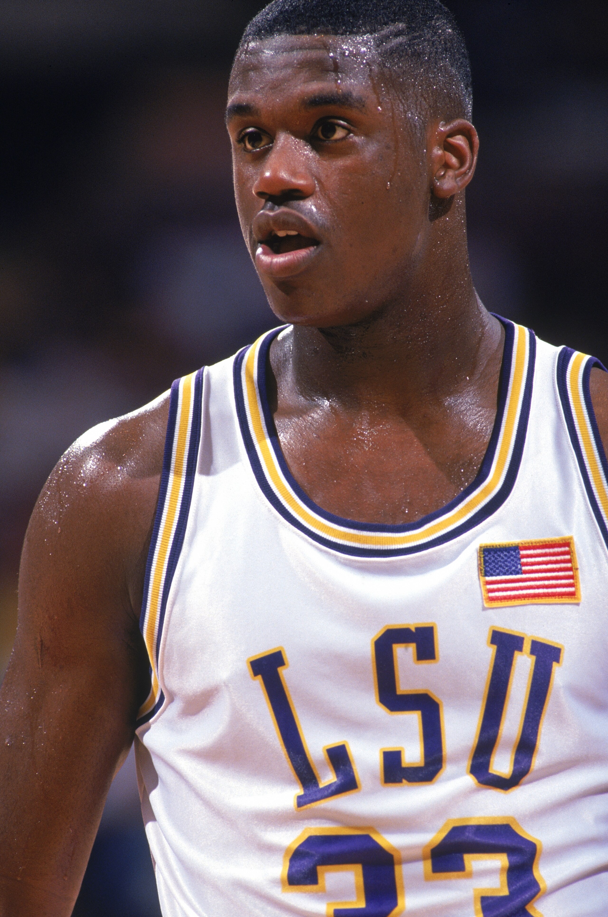 BATON ROUGE, LA - 1992:  Shaquille O'Neal #33 of the Louisiana State University Tigers looks on during a NCAA game in 1992 at Pete Maravich Assembly Center in Baton Rouge, Louisiana. (Photo by Getty Images)