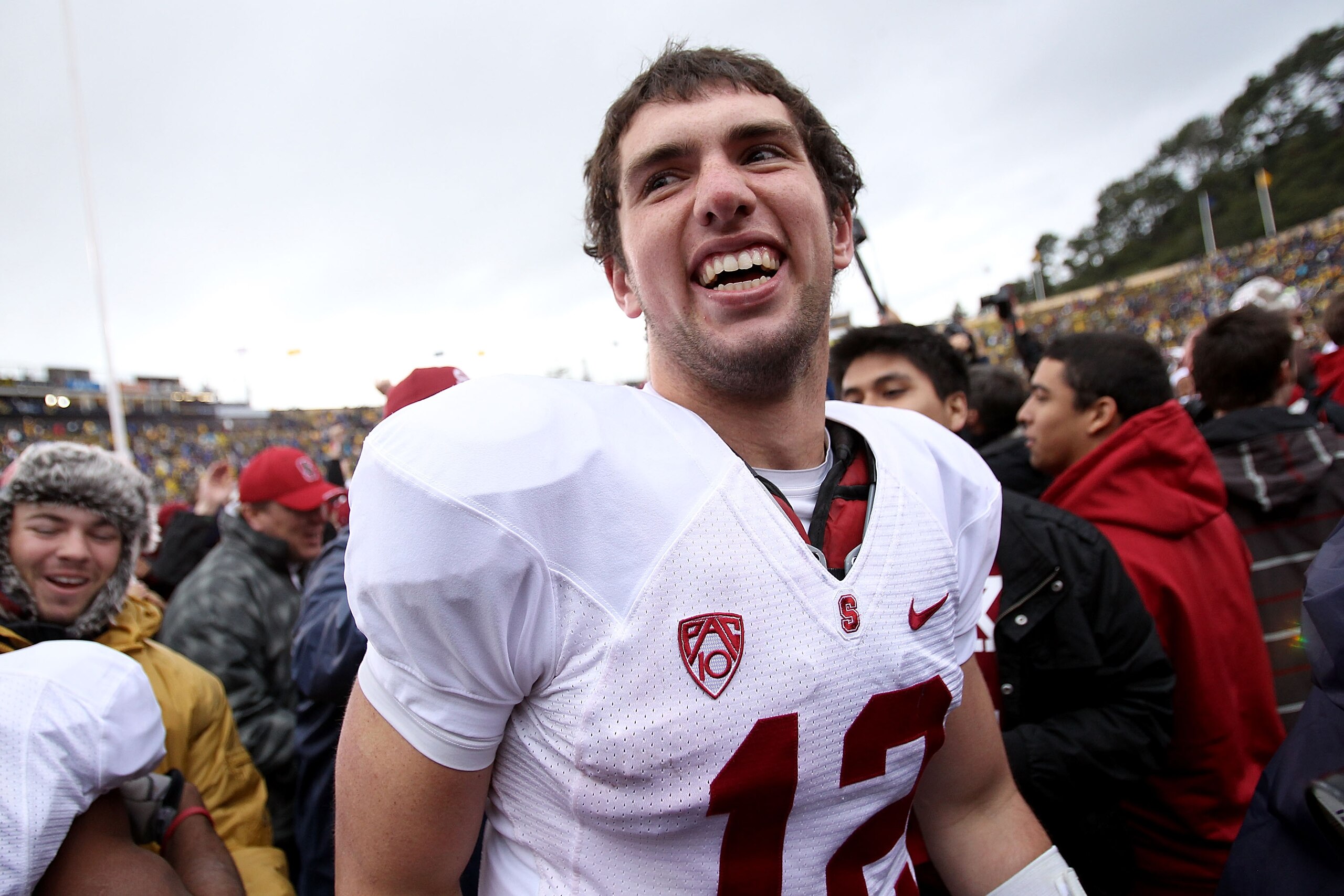 BERKELEY, CA - NOVEMBER 20:  Andrew Luck #12 of the Stanford Cardinal celebrates after beating the California Golden Bears at California Memorial Stadium on November 20, 2010 in Berkeley, California.  (Photo by Ezra Shaw/Getty Images)